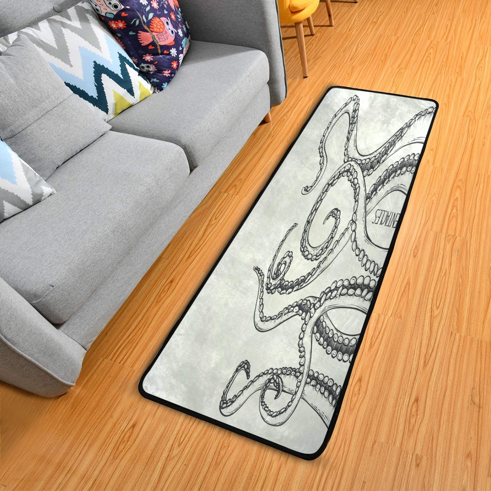 Non-Slip Octopus Tentacle Area Rug 2'x6' - Grey Ocean Animal Print Runner Carpet for Hallway, Living Room, Bedroom & Entryway | Soft Indoor Home Decor for Coastal & Nautical Themed Spaces