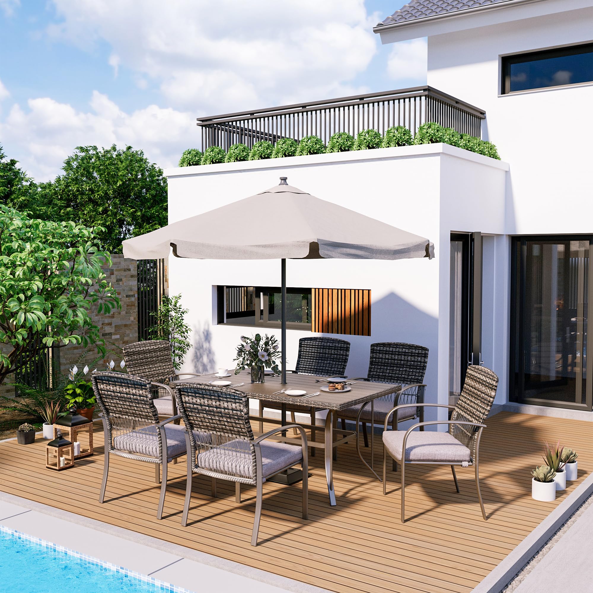 Pamapic 6-Piece All-Weather Rattan Outdoor Dining Set with Removable Waterproof Cushions & Umbrella Hole - Patio Table and Chairs for Backyard, Garden, Poolside (Gray)