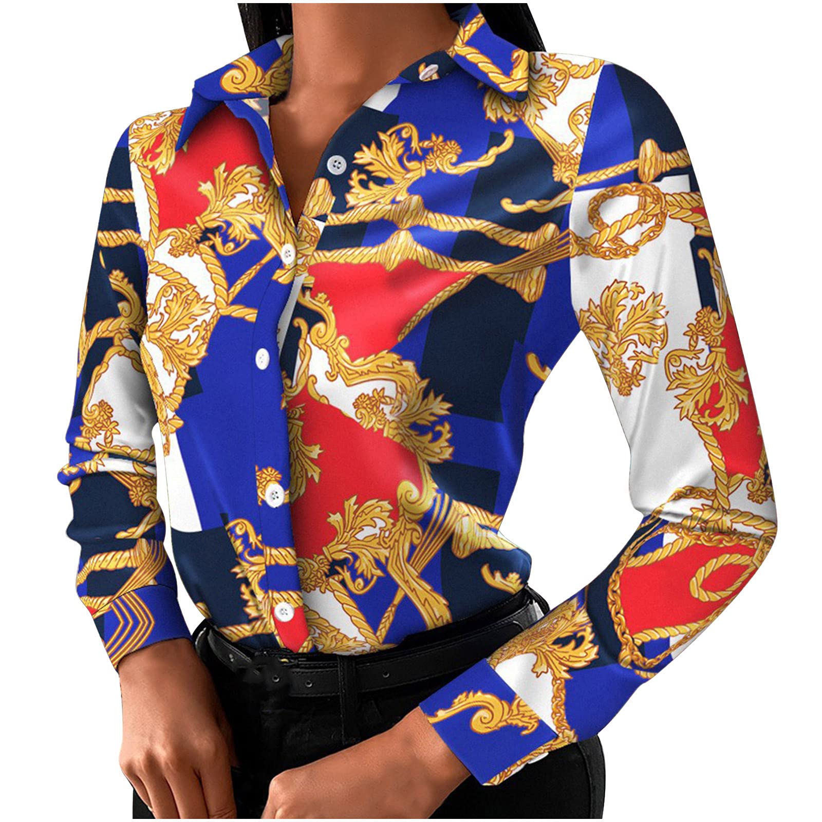 AMhomely Women's Elegant V-Neck Printed Blouse - Slim Fit Professional Office Tunic Top with Long Sleeves | Summer Party & Casual Wear | UK Sizes Available | Perfect for Work, Business Meetings & Social Events
