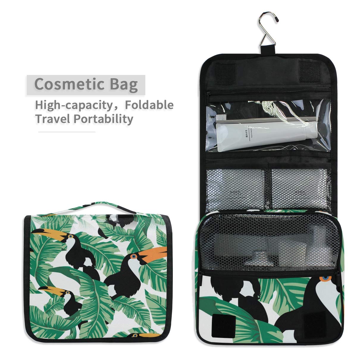 Linomo Hanging Travel Toiletry Bag for Women & Men - Waterproof Large Cosmetic Makeup Organizer with Hook - Perfect for Bathroom, Camping & Vacation (Tropical Leaves Toucan Design)