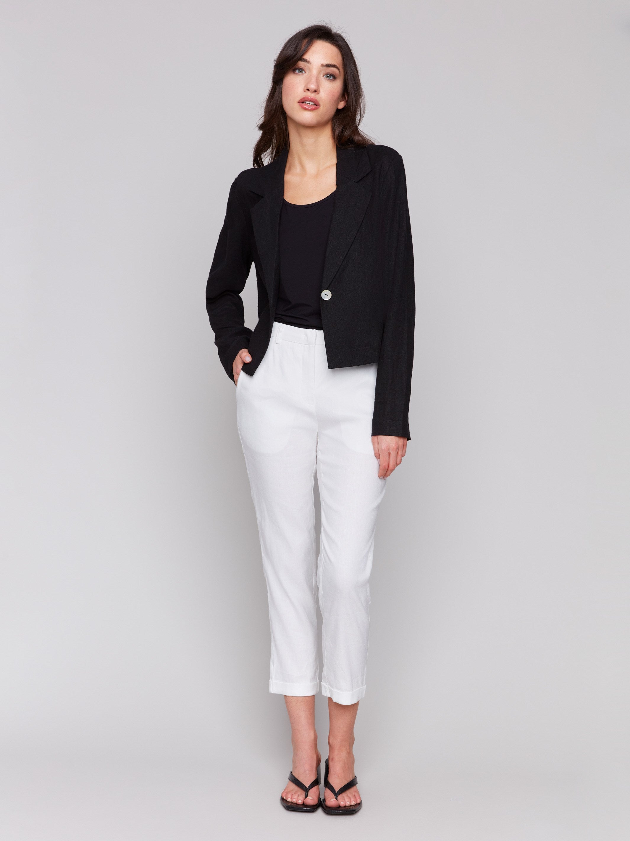 Cropped Linen Blend Blazer for Women - Slim Fit Black Blazer Jacket for Office, Business & Casual Wear
