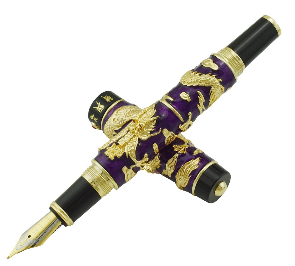 Jinhao Extra Fine Nib Fountain Pen - Dragon Purple Cloisonne Enamel Handcrafted Collector's Pen | Traditional Chinese Craftsmanship | Perfect for Calligraphy, Gift Giving & Collectors