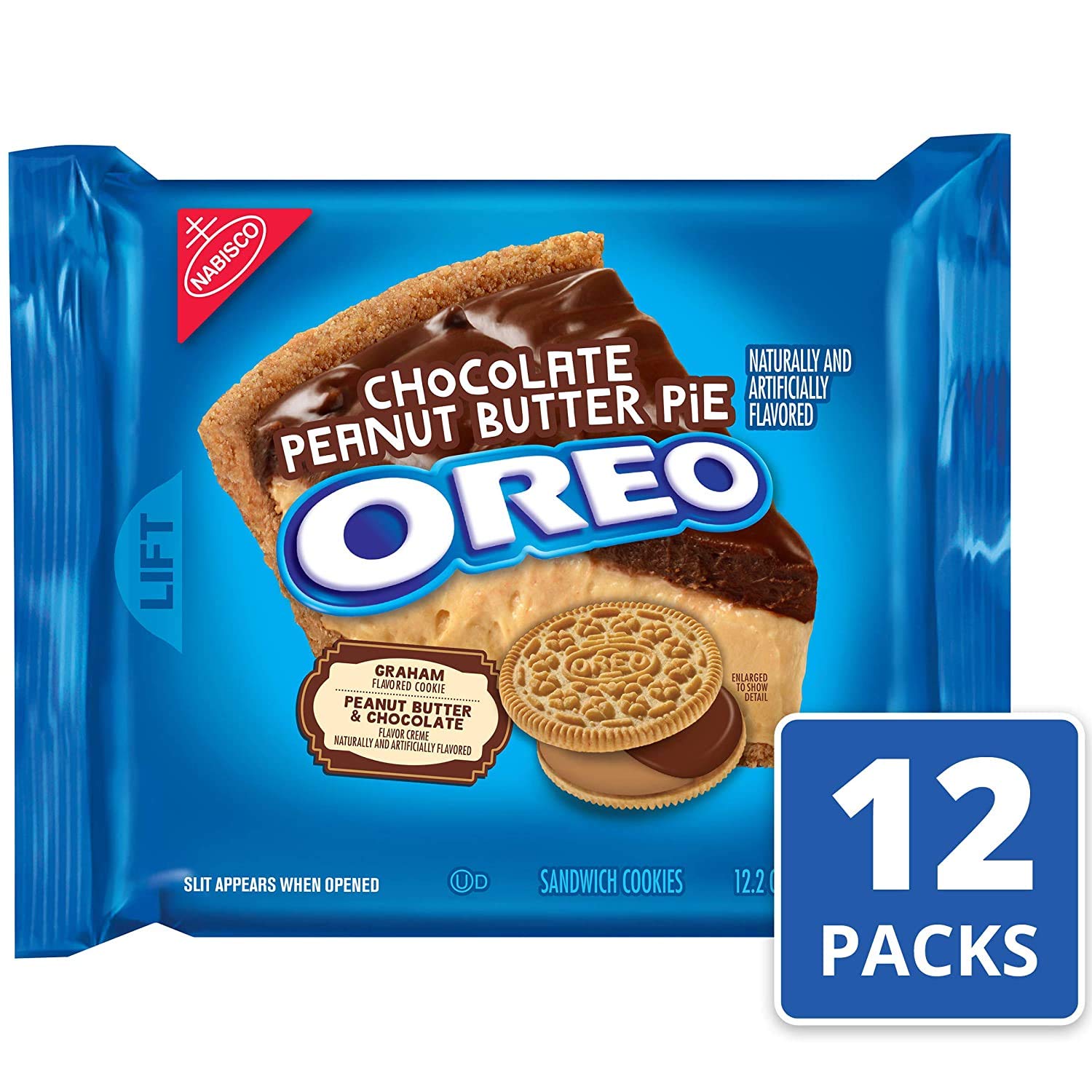 Oreo Sandwich Cookies Chocolate Peanut Butter Pie - 12.2 oz (12 Count) | Crunchy Chocolate Cookies with Creamy Peanut Butter Filling | Perfect for Snacking, Lunch Boxes & Party Treats