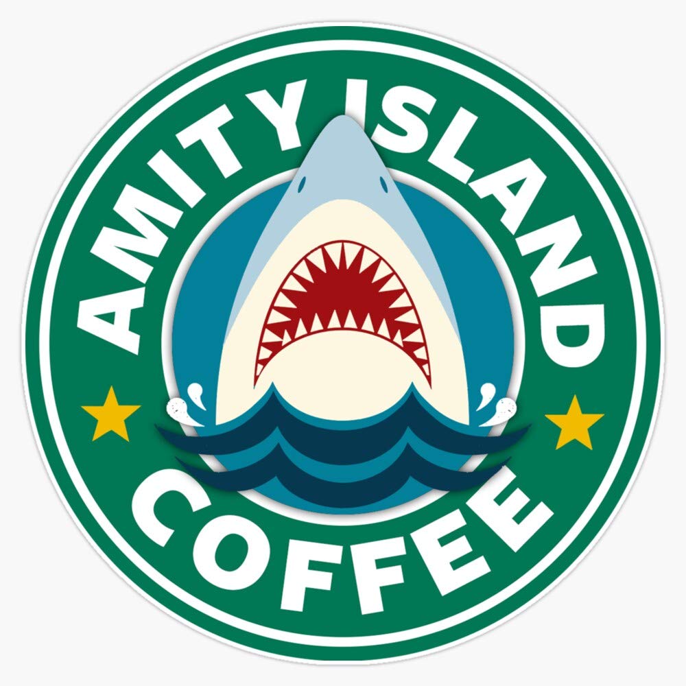 Amity Island Coffee Jaws Vinyl Decal Sticker - 5 Inch Waterproof Durable for Laptop, Car Bumper, Window & Wall Decor - Perfect for Coffee Lovers & Movie Fans