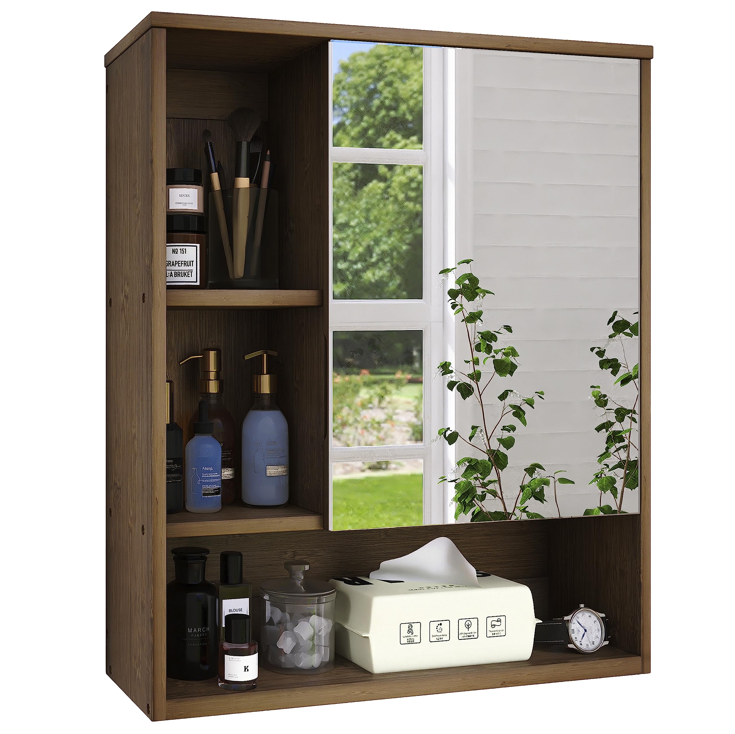 SMIBY Wall Mounted Bathroom Mirror Cabinet - Bamboo Space Saving Medicine Cabinet with Adjustable Shelf, Over Toilet Storage & Mirror Door (Walnut) - Perfect for Small Bathrooms, Apartments & Vanity Organization