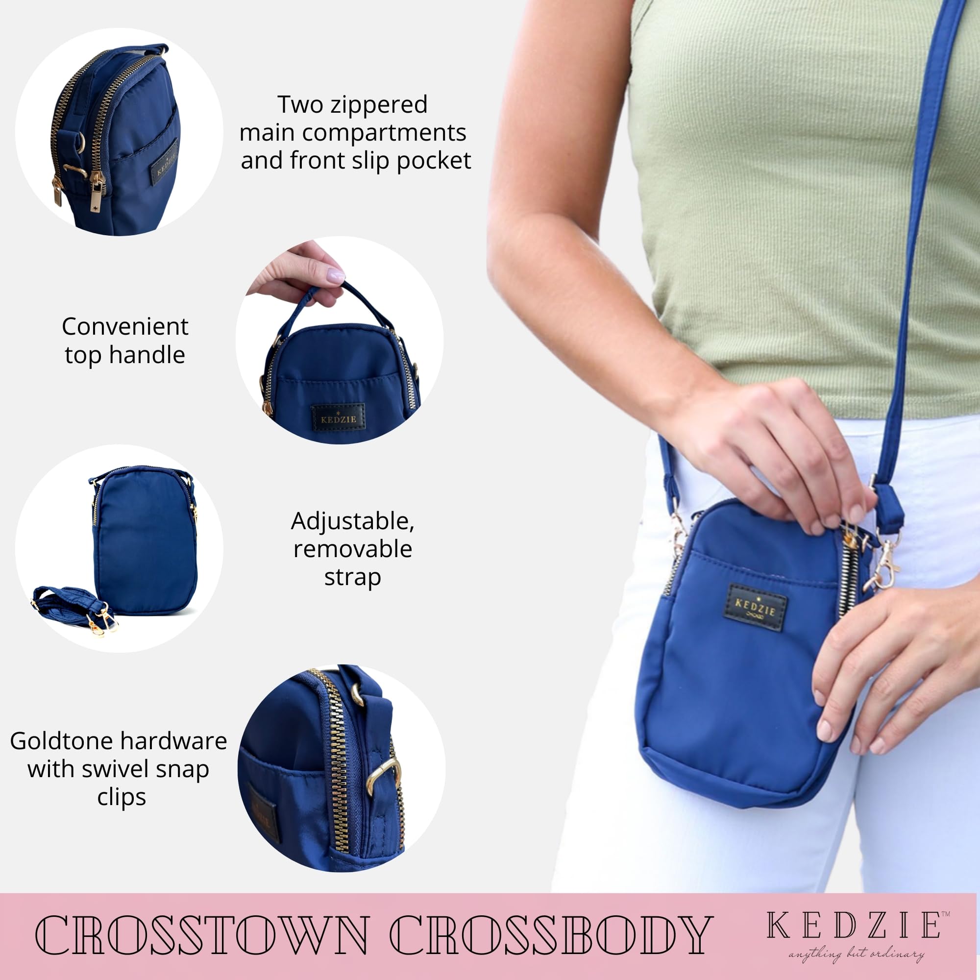 KEDZIE Crosstown Adjustable Crossbody Bag with Zipper - Stylish & Secure for Travel, Shopping & Everyday Use