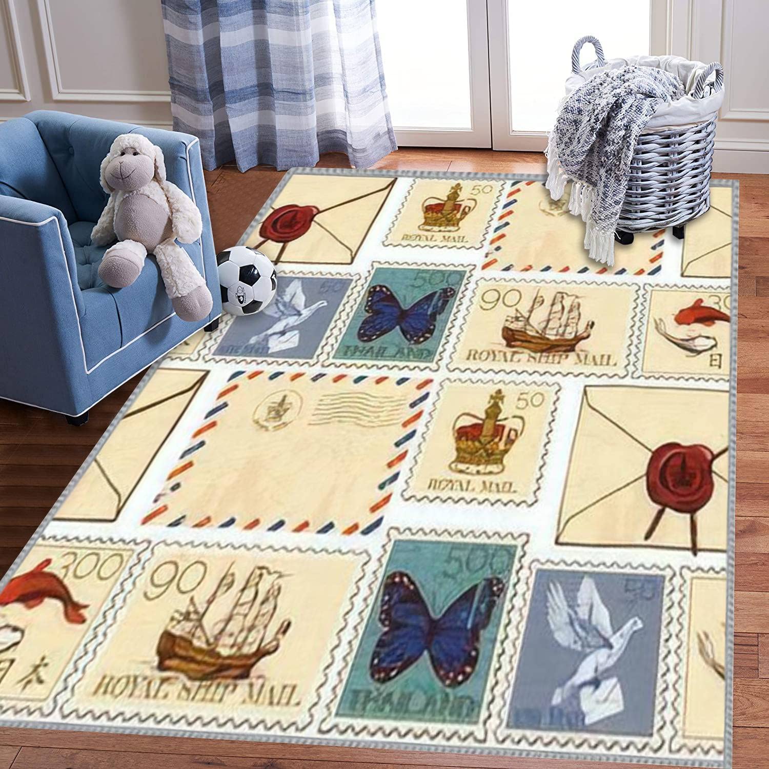 Vintage Engraving Style Kids Play Area Rug - Seamless Old Stamps & Envelopes Design, 5x8 ft Extra Large 3D Carpet for Boys & Girls Bedroom, Nursery, Playroom - Perfect for Learning, Playing & Home Décor