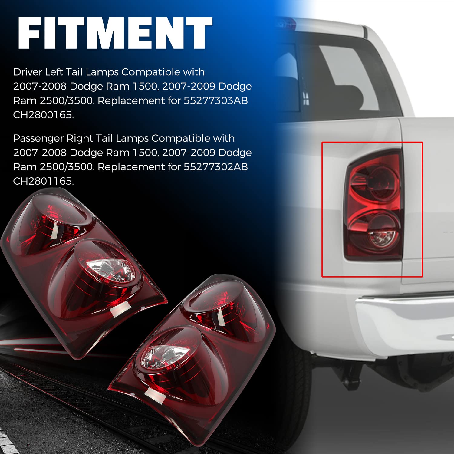 HECASA Pair of LED Tail Lights Compatible with 2007-2009 Dodge Ram 1500/2500/3500 Pickup Truck - Replacement for 55277303AB, CH2800165, 55277302AB, CH2801165 - Durable & Weatherproof Taillight Assembly for Enhanced Nighttime Safety & Style