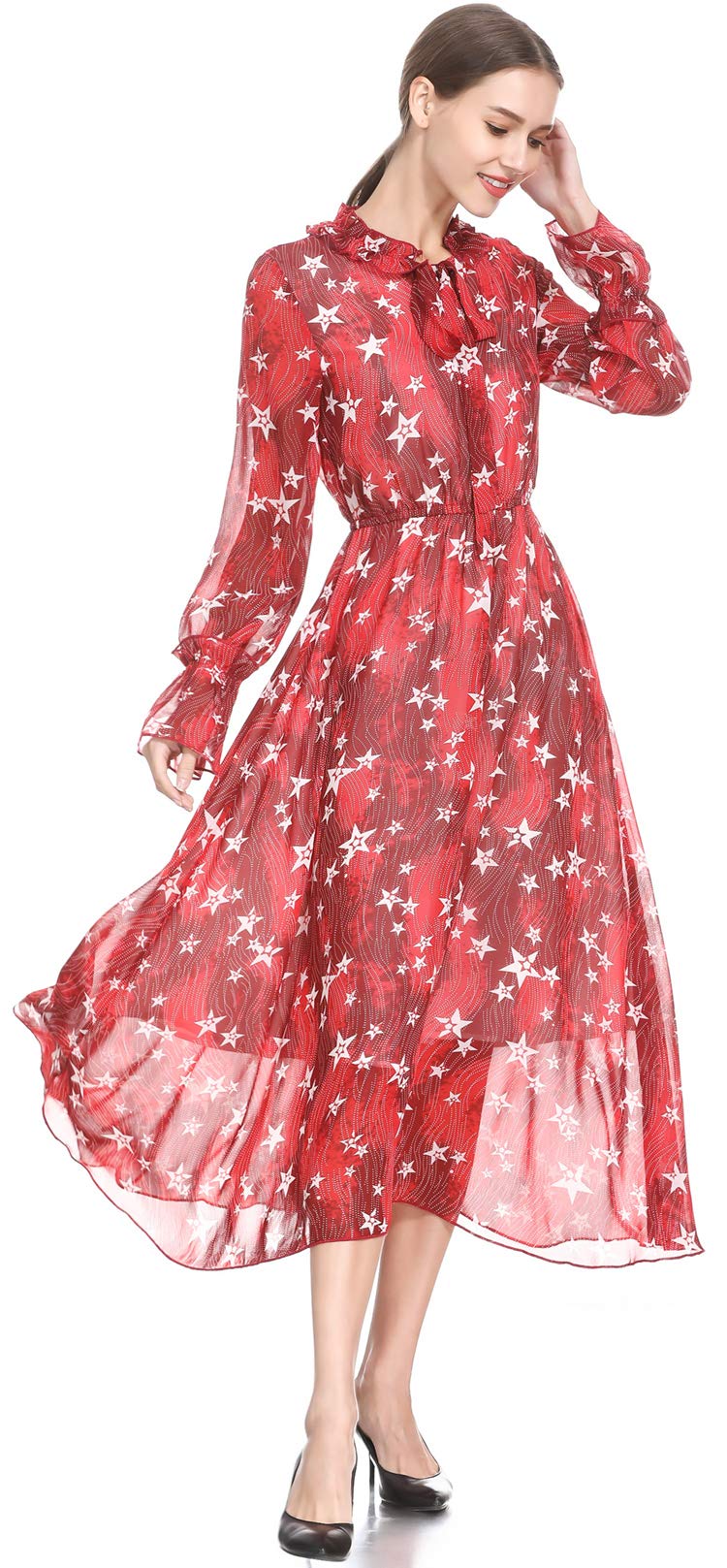 Floral Print Long Sleeve Chiffon Midi Dress for Women - Elegant Flowy Spring & Summer Casual Party Beach Dress | Perfect for Outdoor Events, Vacations & Date Nights
