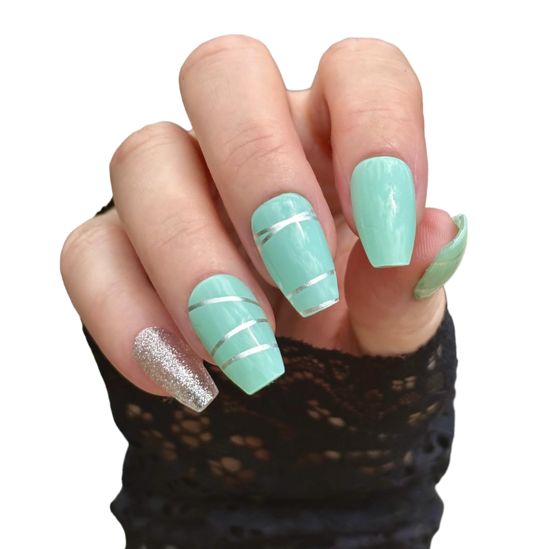 22 Premium Semi-Cured Gel Nail Polish Strips with Application Accessories - Teal, Silver Lines & Glitter for Stunning Nail Art | Perfect for Parties, Weddings & Special Occasions