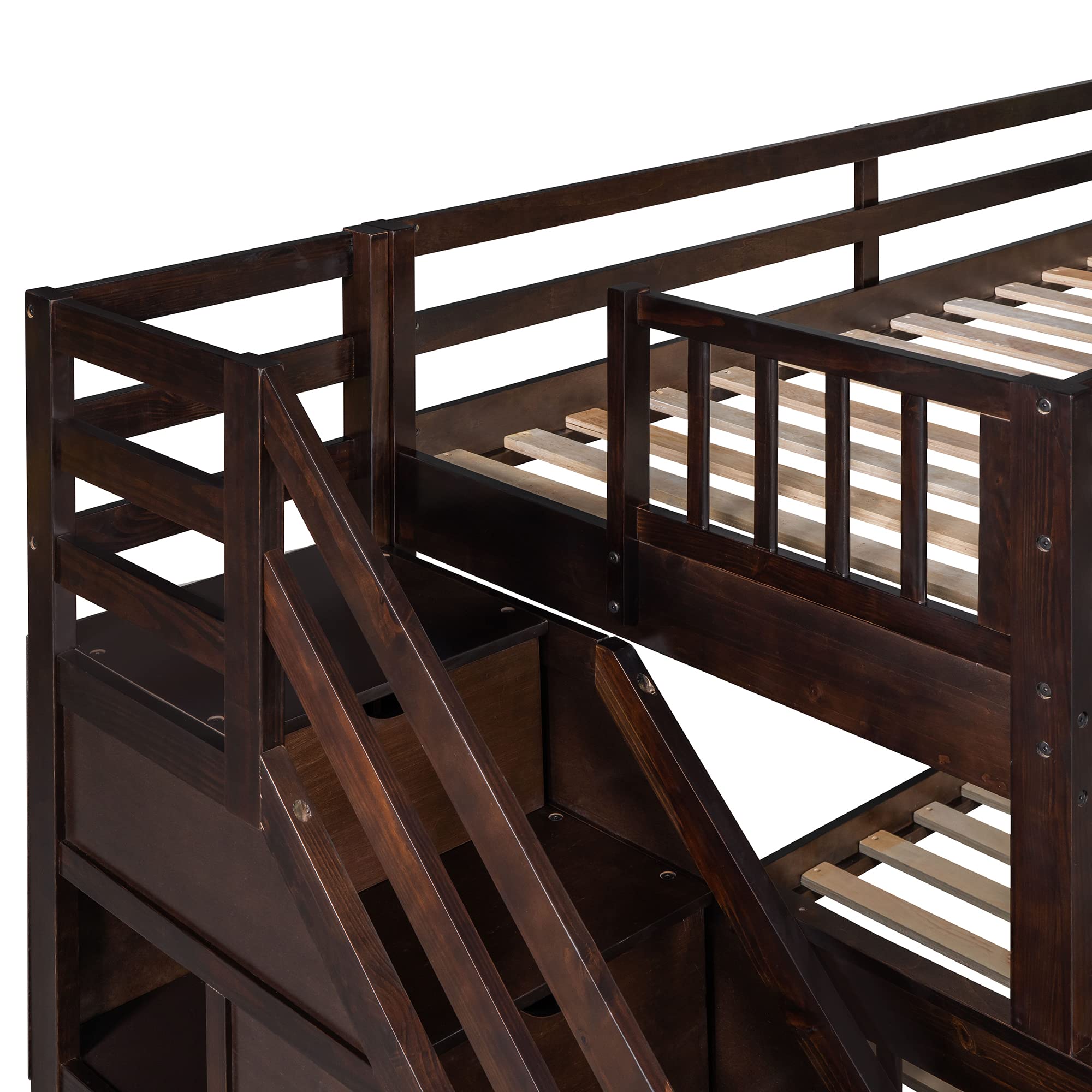 Modern L-Shaped Solid Wood Triple Bunk Bed - Twin over Full with Storage Staircase, 3 Drawers & Safety Guardrail - Space-Saving Loft Bed Frame for Adults, Teens & Kids - Perfect for Small Bedrooms, Guest Rooms & Dormitories (Espresso)
