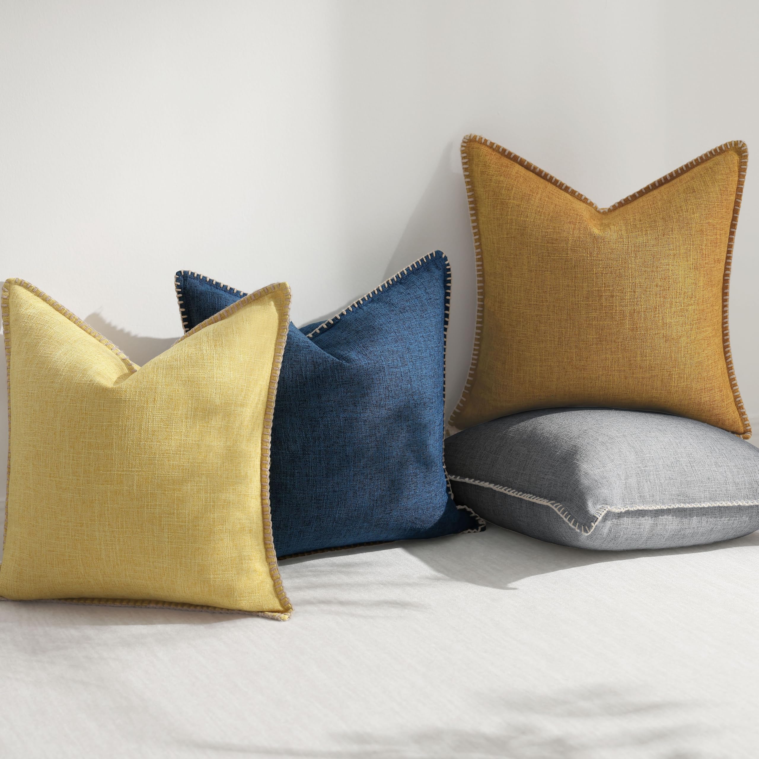 decorUhome Set of 2 20x20 Inch Square Linen Outdoor Throw Pillow Covers - Rustic Farmhouse Decorative Cushion Covers with Stitched Edge for Patio, Garden, Porch, Couch & Sofa - Light Grey Home Decor