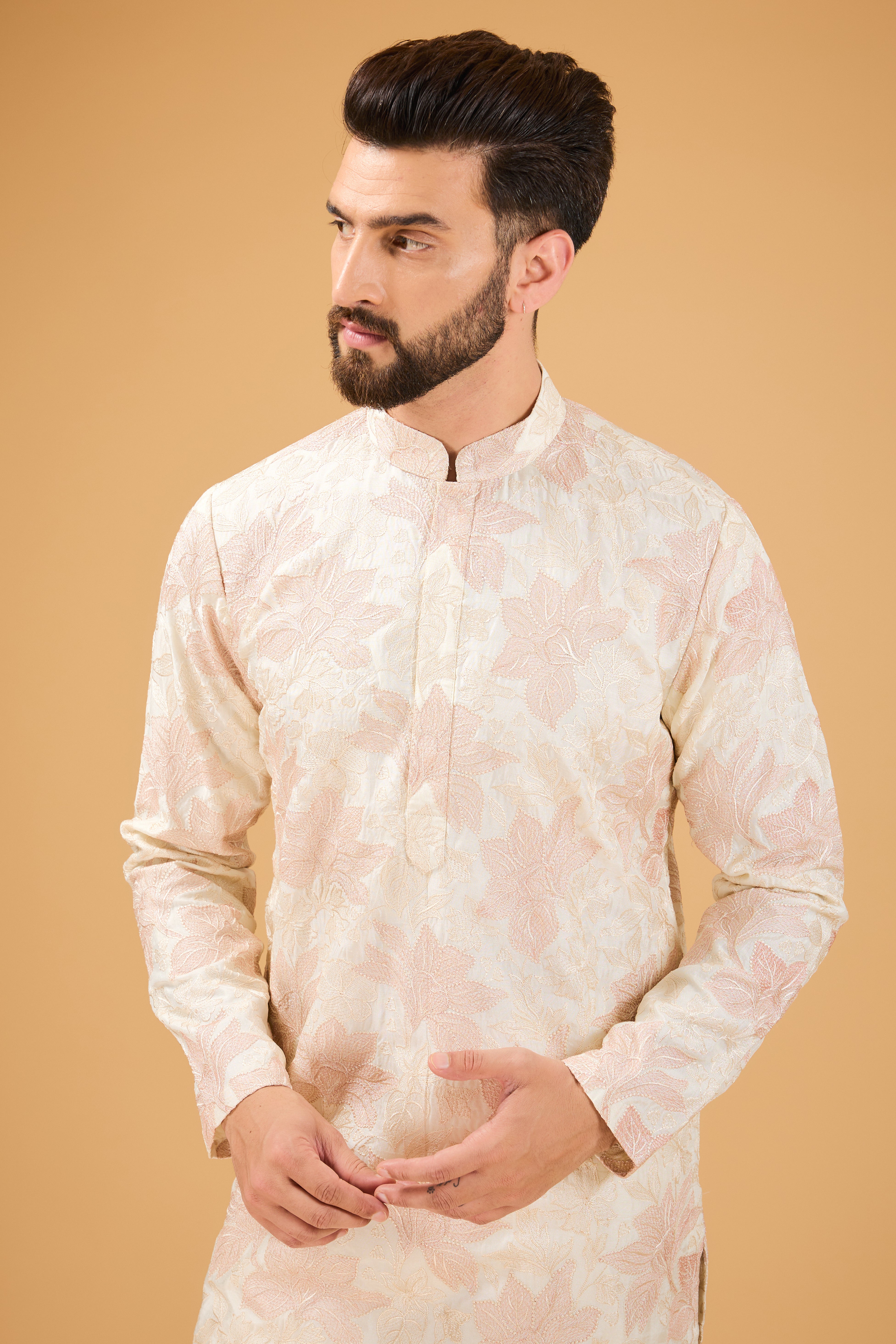 Elegant Pink and Cream Chikankari Kurta with Floral Embroidery - Perfect for Festivals, Weddings, and Casual Wear