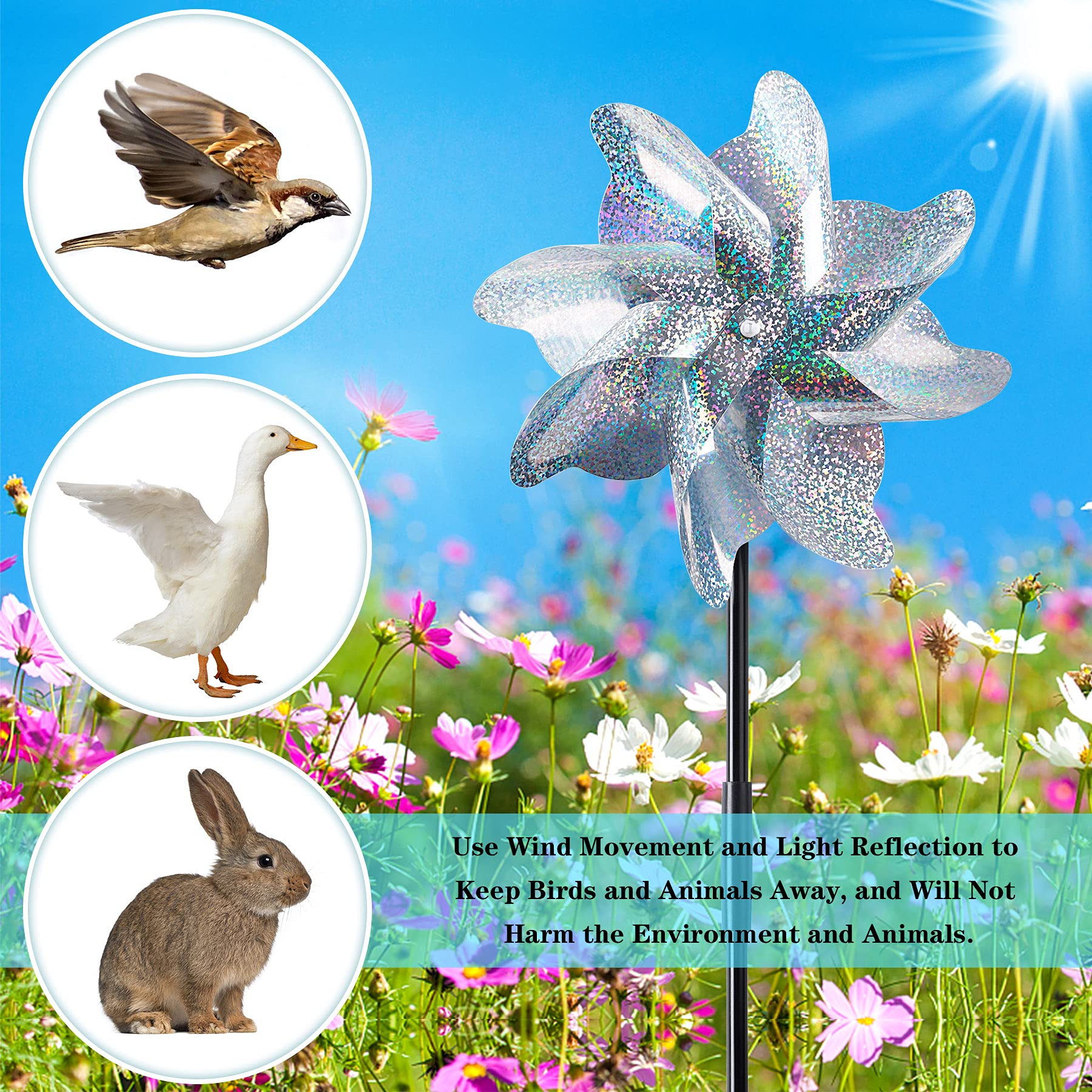 NOVWANG 6-Pack Reflective Pinwheels with Stakes - Sparkly Garden Decor, Bird Deterrent for Yard, Patio & Farm - Scare Away Birds & Animals | Outdoor Wind Spinner for Lawn, Flower Beds & Vegetable Gardens