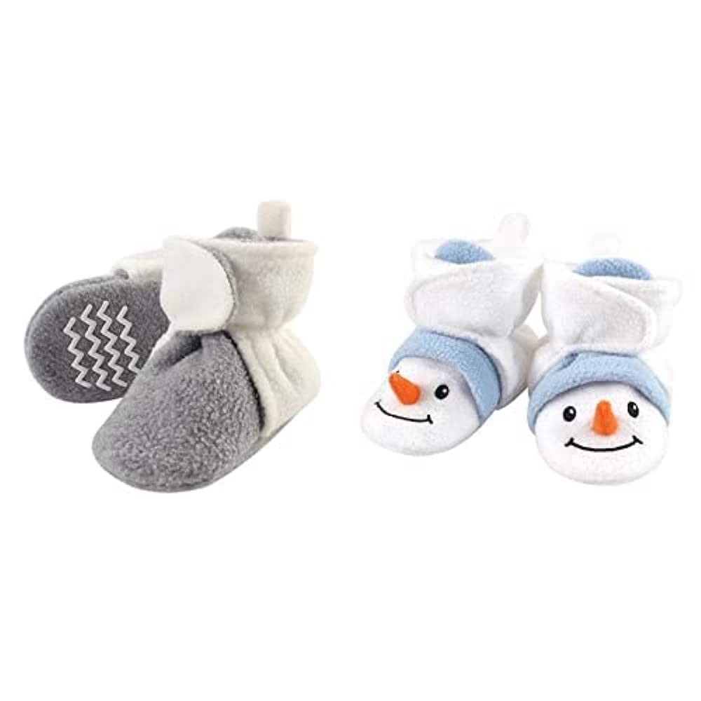 Hudson Baby Fleece Booties 2-Pack, Cream Gray Snowman - 6-12 Months for Winter Warmth
