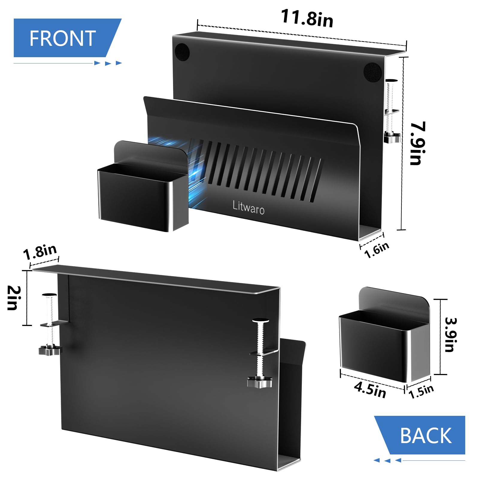Litwaro Under Desk Laptop Mount & Organizer - No Drill Magnetic Laptop Holder with Pen Storage & Sticky Headphone Hook - Fits Flat Edges 0.4