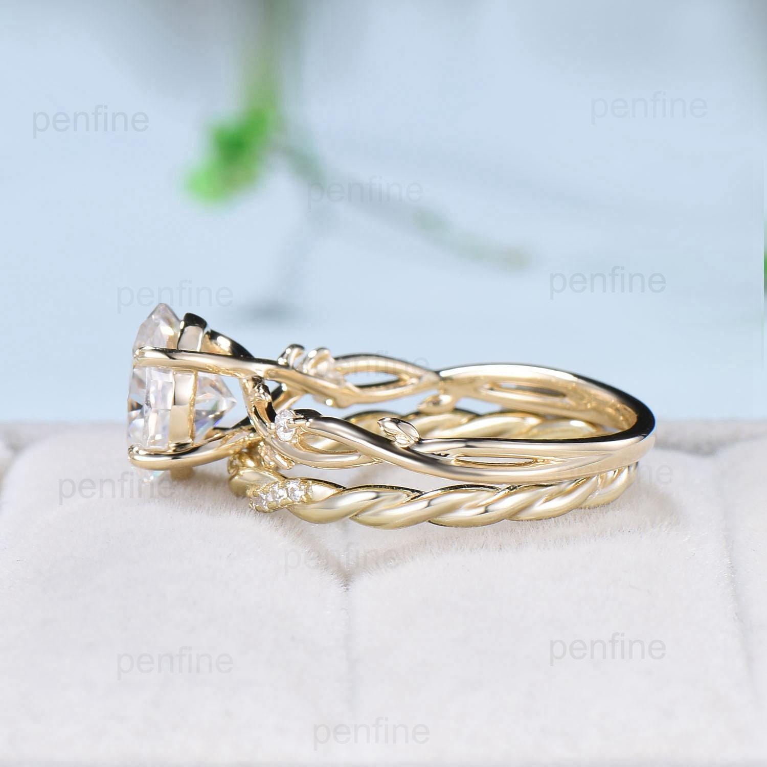 14K Yellow Gold Oval Moissanite Engagement Ring Set with Lab-Grown Diamonds | Twig Wedding Band | Salt & Pepper Bridal Jewelry for Women | Perfect for Proposals, Anniversaries & Special Occasions