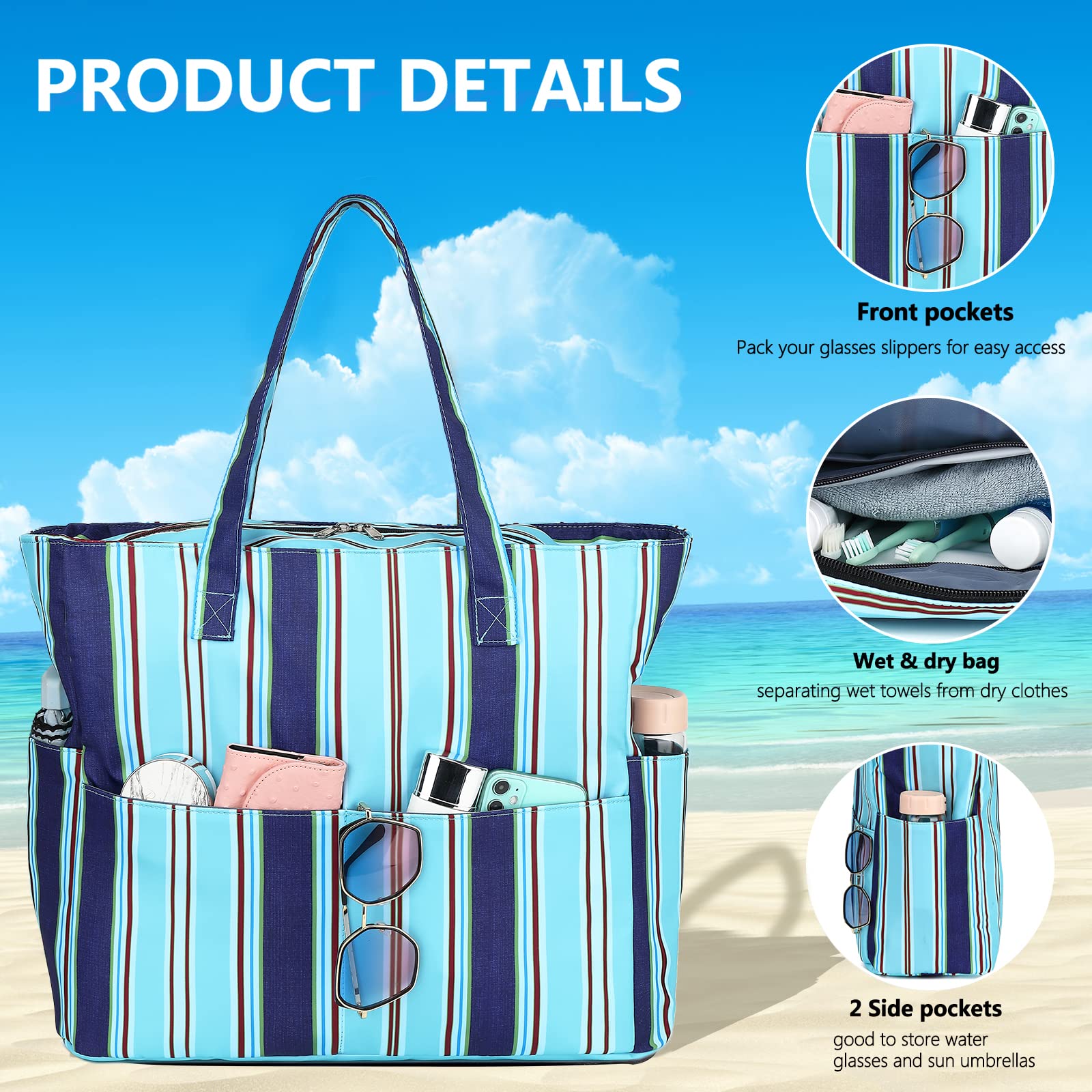Waterproof & Sandproof Beach Tote Bag for Women - Large Zippered Pool Bag with Wet Pocket - Perfect for Swimming, Gym, Grocery Shopping & Travel Accessories