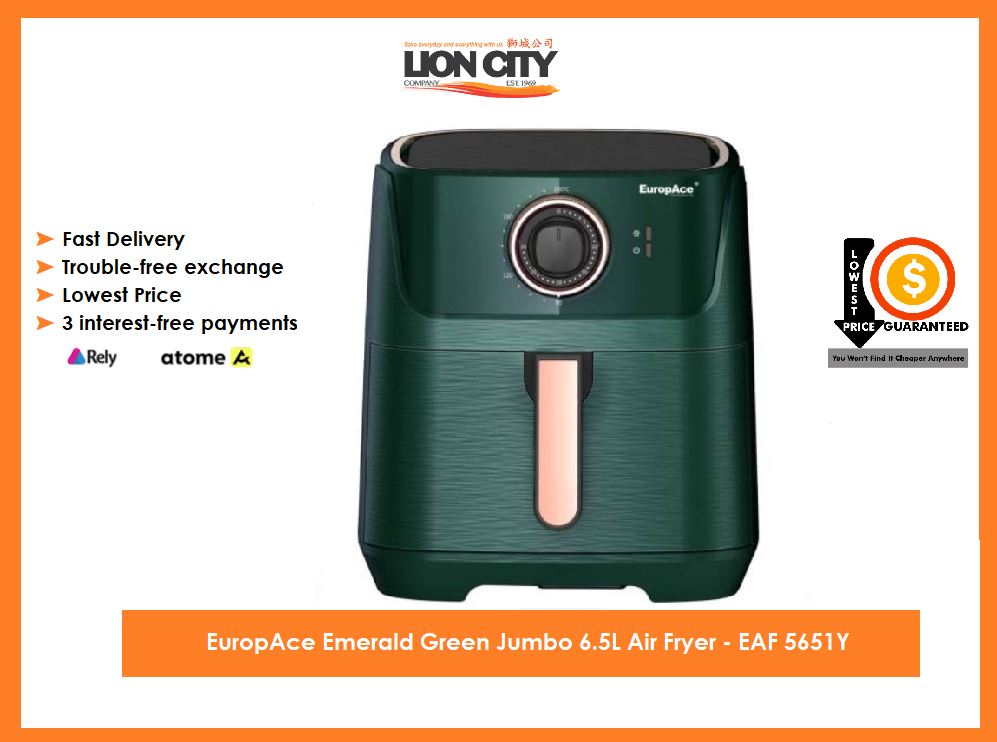 EuropAce Emerald Green Jumbo 6.5L Air Fryer - Large Capacity Digital Air Fryer with 8 Presets, Nonstick Basket - Perfect for Family Cooking, Healthy Meals & Quick Snacks (Model EAF 5651Y)