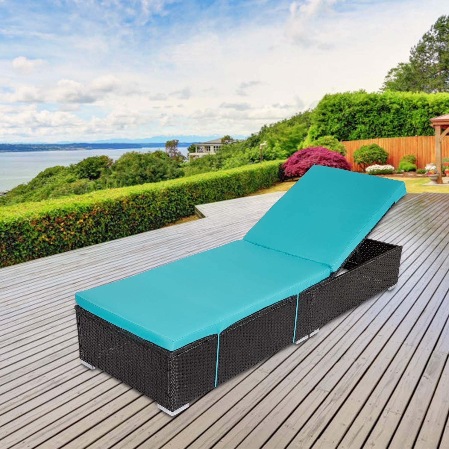 Kinbor Outdoor Chaise Lounge Chair - Black Rattan Poolside Deck Furniture with Comfortable Cushions & Adjustable Backrest | Perfect for Patio, Garden, Beach, and Poolside Relaxation