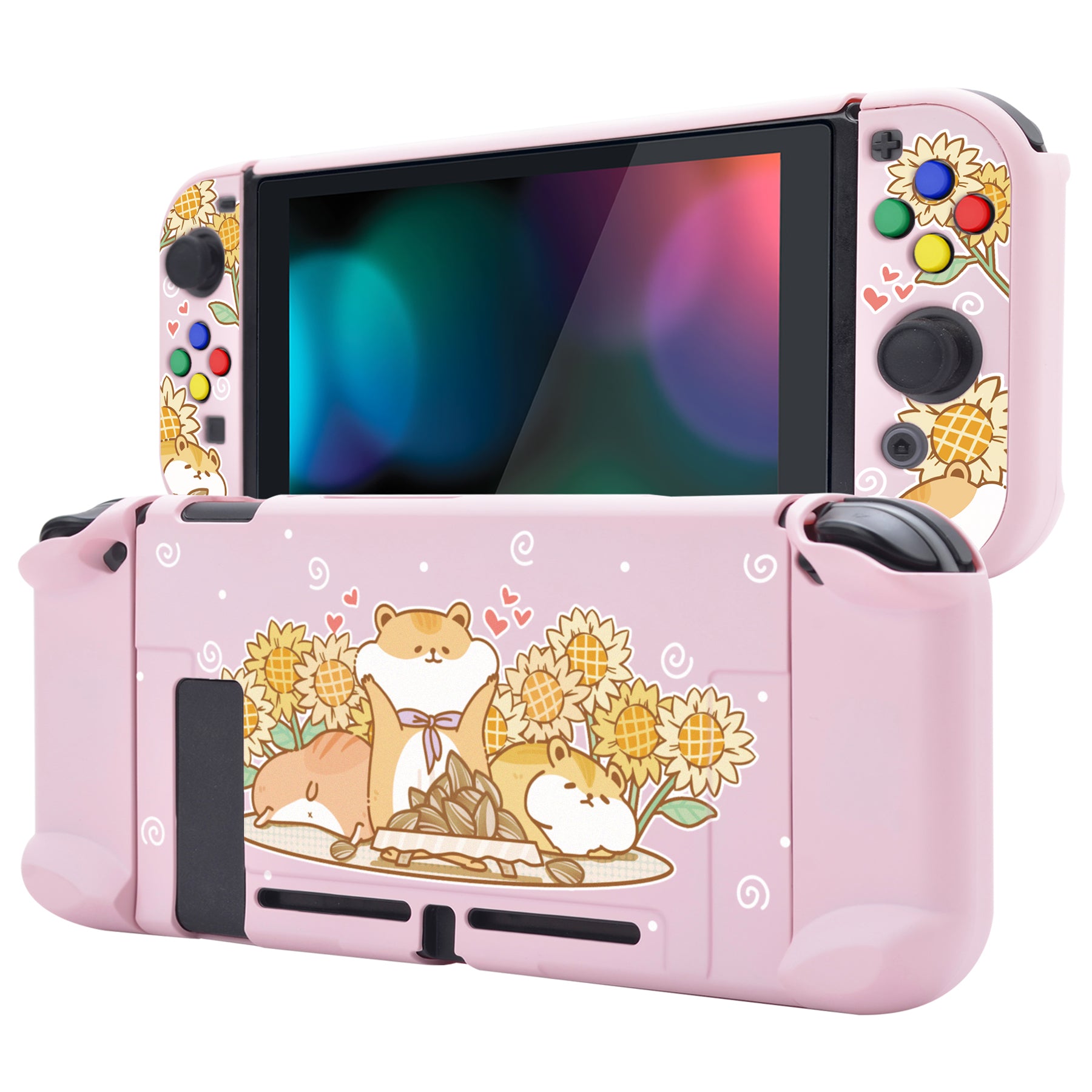eXtremeRate PlayVital Hard Shell Protective Case for Nintendo Switch Console - Hamster & Sunflower Design, Dockable Cover with Colorful ABXY Button Caps - Perfect for Gaming, Travel and Home Entertainment