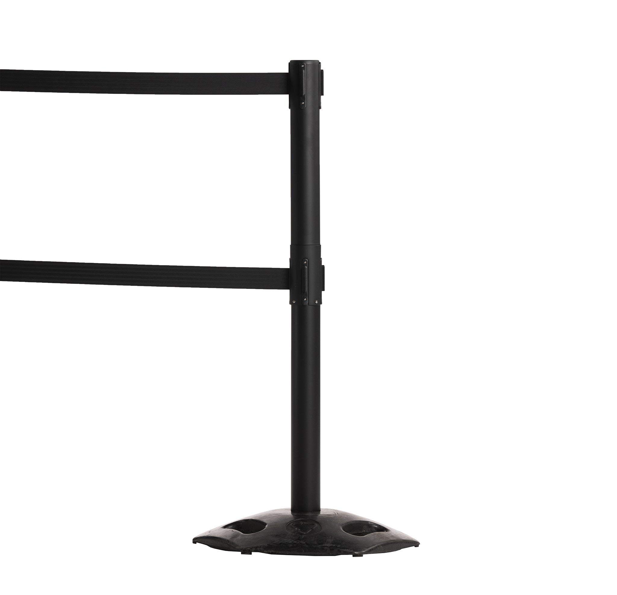 Heavy-Duty Retractable Safety Barrier Stanchion - Dual Belt Crowd Control Post with Rubber Base (Set of 2) - 11ft Dark Blue Belt for Warehouse, Retail & Event Management - WBB-200D Yellow Post