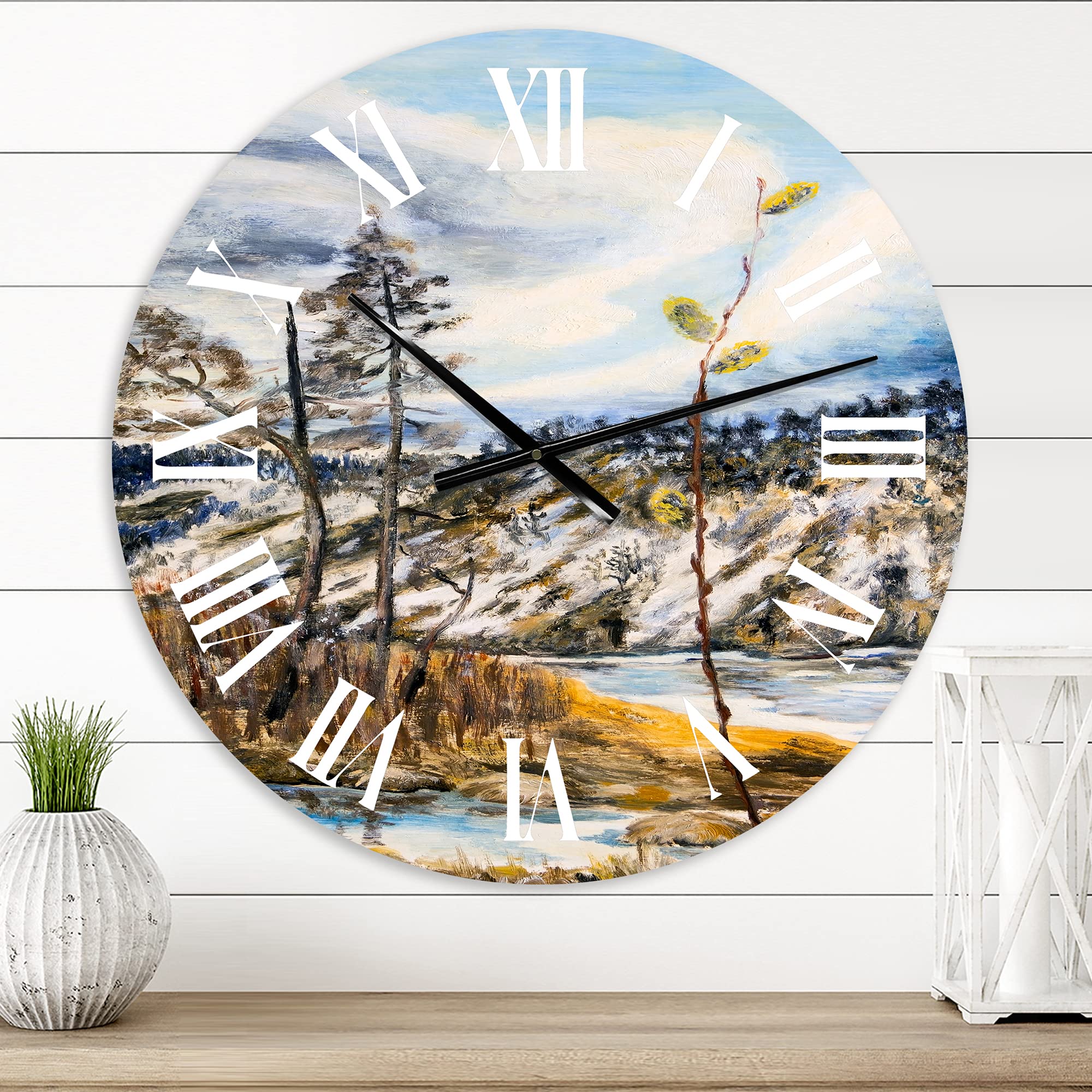 DesignQ Lake House Wall Clock - Spring Landscape with Cloudy Sky & River - Large Nature Wall Clock for Office, Living Room, Bedroom Decor - Perfect for Home & Office Decoration