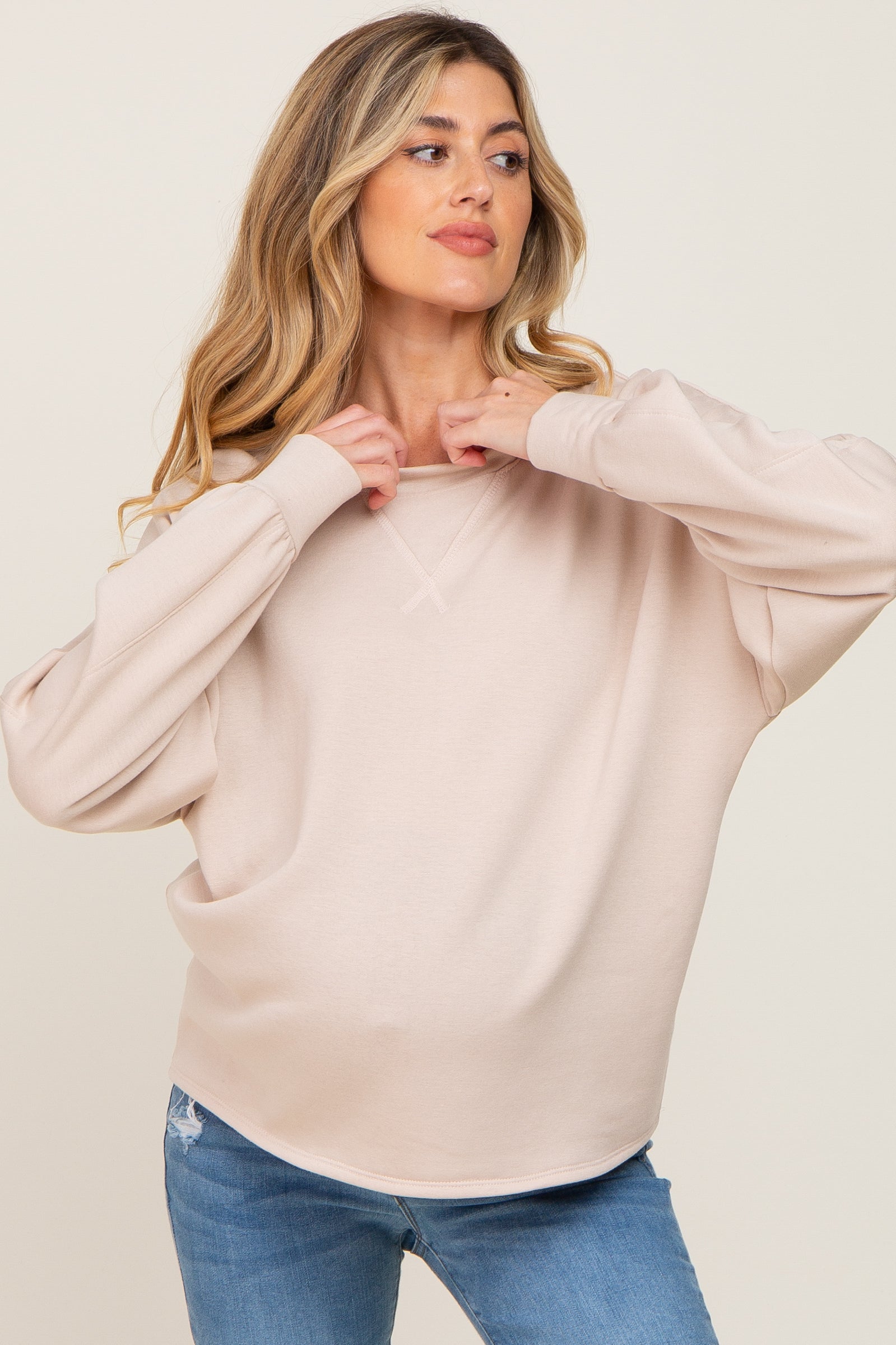 Soft Beige Long Sleeve Maternity Top - Comfortable Stretchable Pregnancy Shirt for Women | Perfect for Casual Wear, Office & Baby Showers