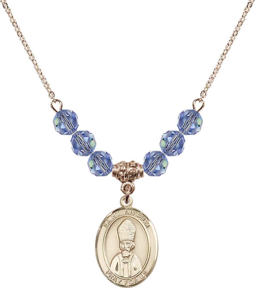 18K Gold Plated 18 Inch Necklace with 6mm Light Blue September Birthstone Beads & Saint Anselm of Canterbury Pendant - Perfect Gift for Birthdays, Anniversaries, and Religious Occasions