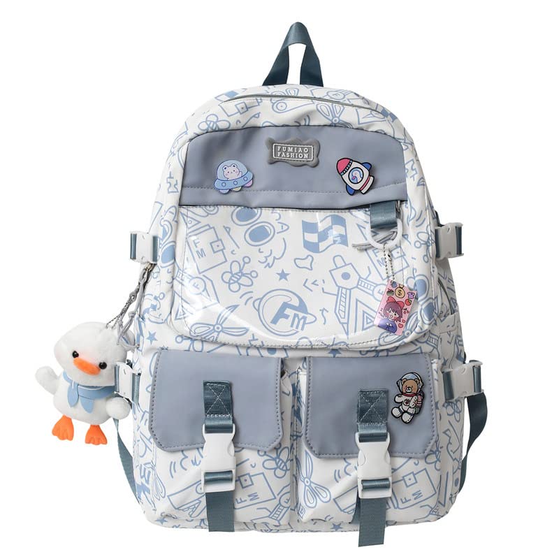 Cute Kawaii Backpack for School Girls - Stylish Bookbag with Pins & Accessories - Aesthetic Travel Backpack for Teens - Perfect for School, College & Daily Use (Blue)