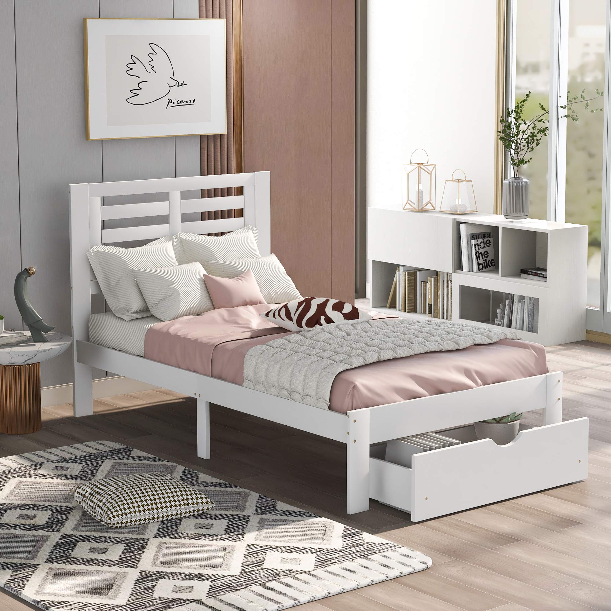 Solid Wood Twin Bed Frame with Storage Drawers & Headboard - Kids Platform Bed with Footboard, White | Space-Saving Daybed for Small Rooms, Guest Bed & Children's Bedroom Furniture