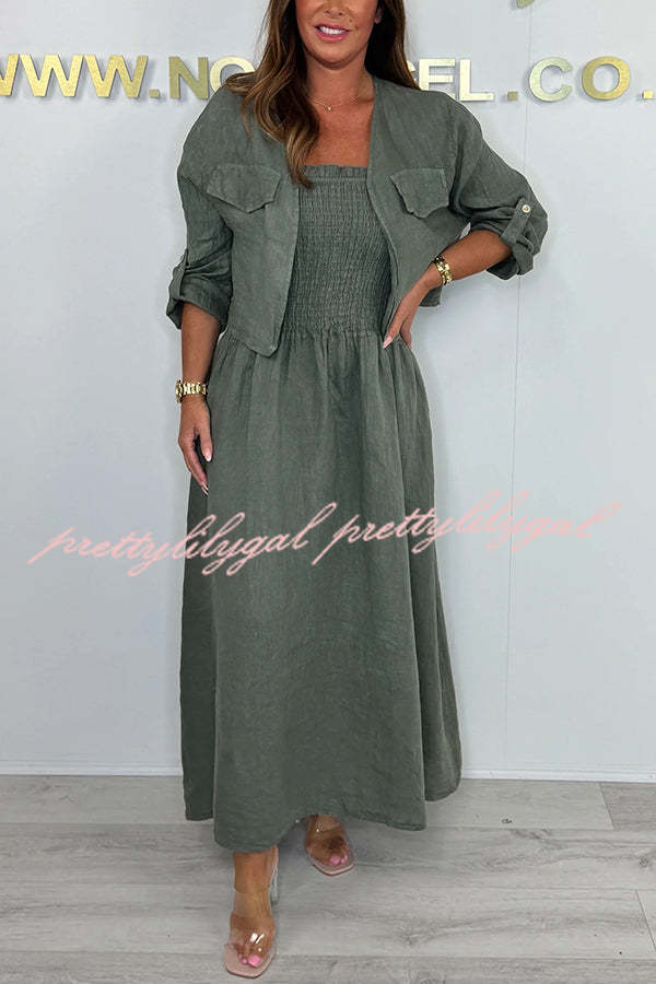 Stylish Solid Color Casual Short Jacket with Suspenders & Pleated Maxi Dress Set for Women | Perfect for Spring Outfits, Date Nights & Office Wear