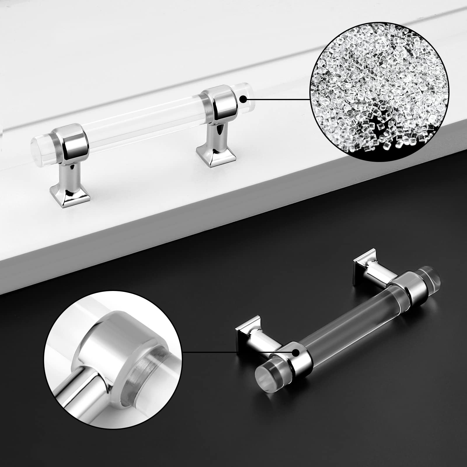 30 Pack 3 Inch Hole Center Kitchen Cabinet Handles - Polished Chrome Zinc Alloy with Clear Acrylic Knobs for Bathroom & Kitchen Cabinets - Perfect for Modern Home Renovation and DIY Cabinet Upgrades