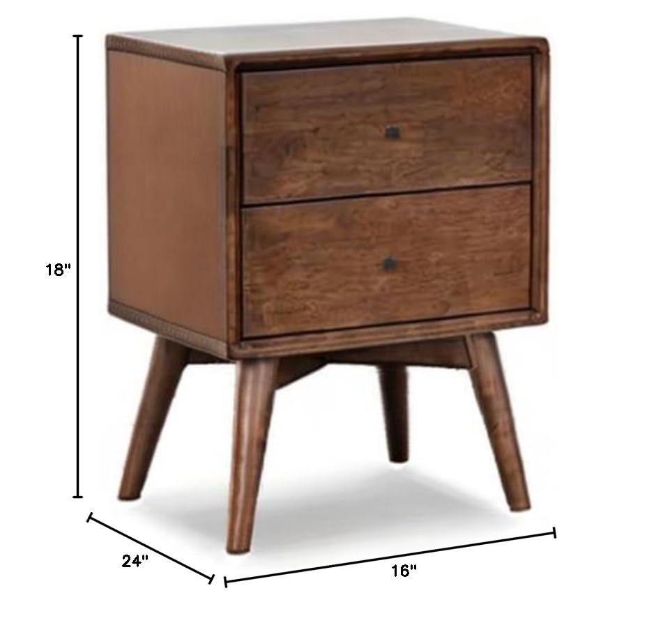 Allora Mid-Century Modern Solid Wood 2-Drawer Nightstand - Brown Finish Bedside Table for Bedroom, Living Room & Guest Room Storage