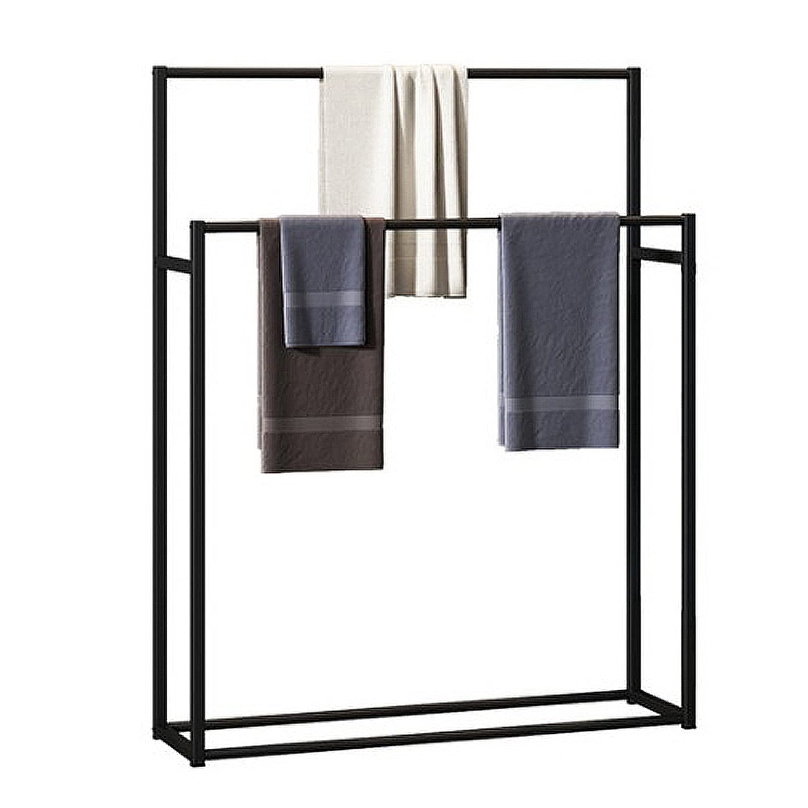 KLZUOPT Free Standing Double Towel Holder - 2-Tier Metal Bathroom Shelf & Towel Rack for Towels, Blankets, Quilts, Clothing Storage | Space-Saving Bathroom Organizer for Small Spaces & Modern Home Decor