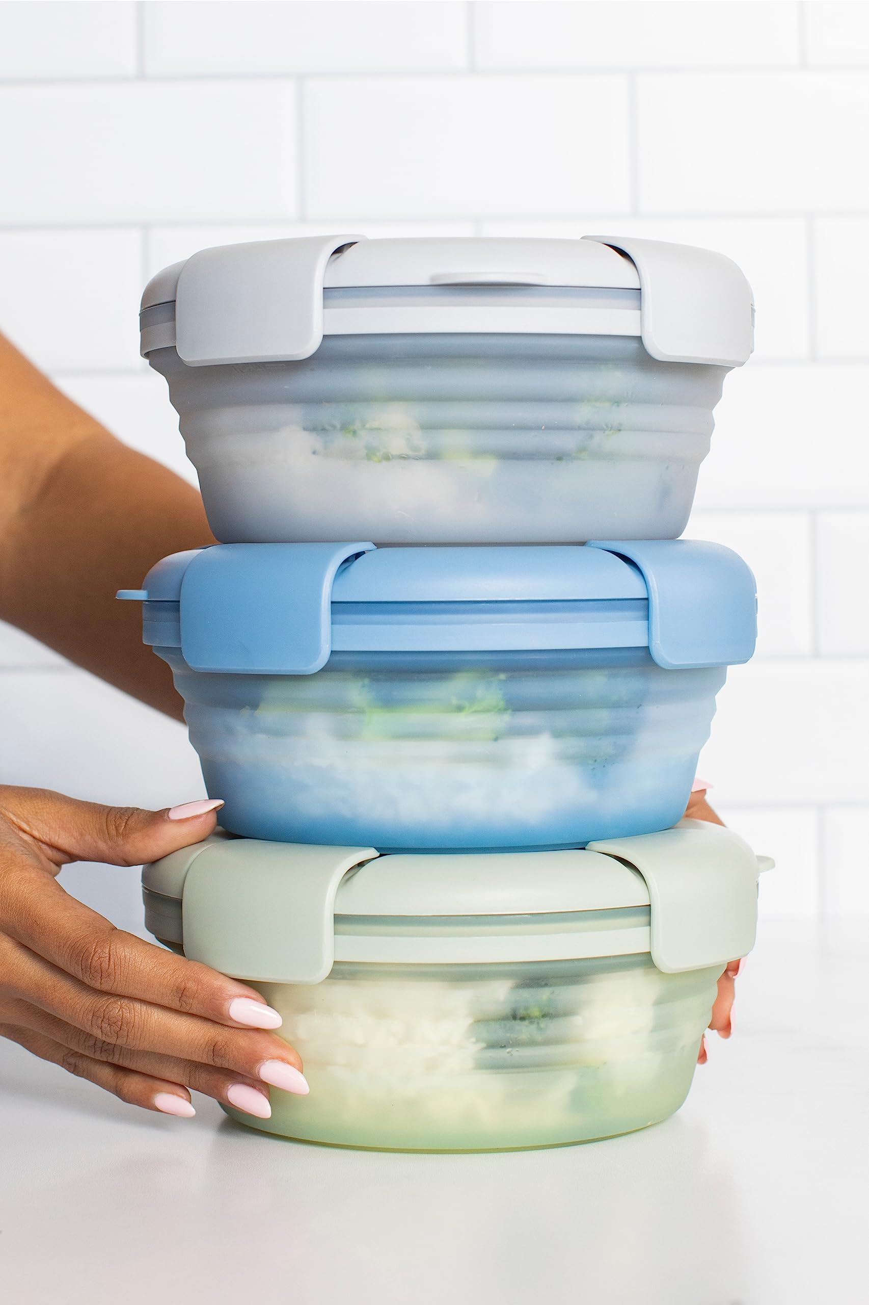 STOJO Collapsible Bowl 5-Piece Set - 36oz Reusable Silicone Food Container for Hot & Cold Meals - Microwave & Dishwasher Safe - Translucent Sage Green - Ideal for Travel, Camping, Hiking, Office Lunch & Meal Prep - Compact & Space-Saving Design