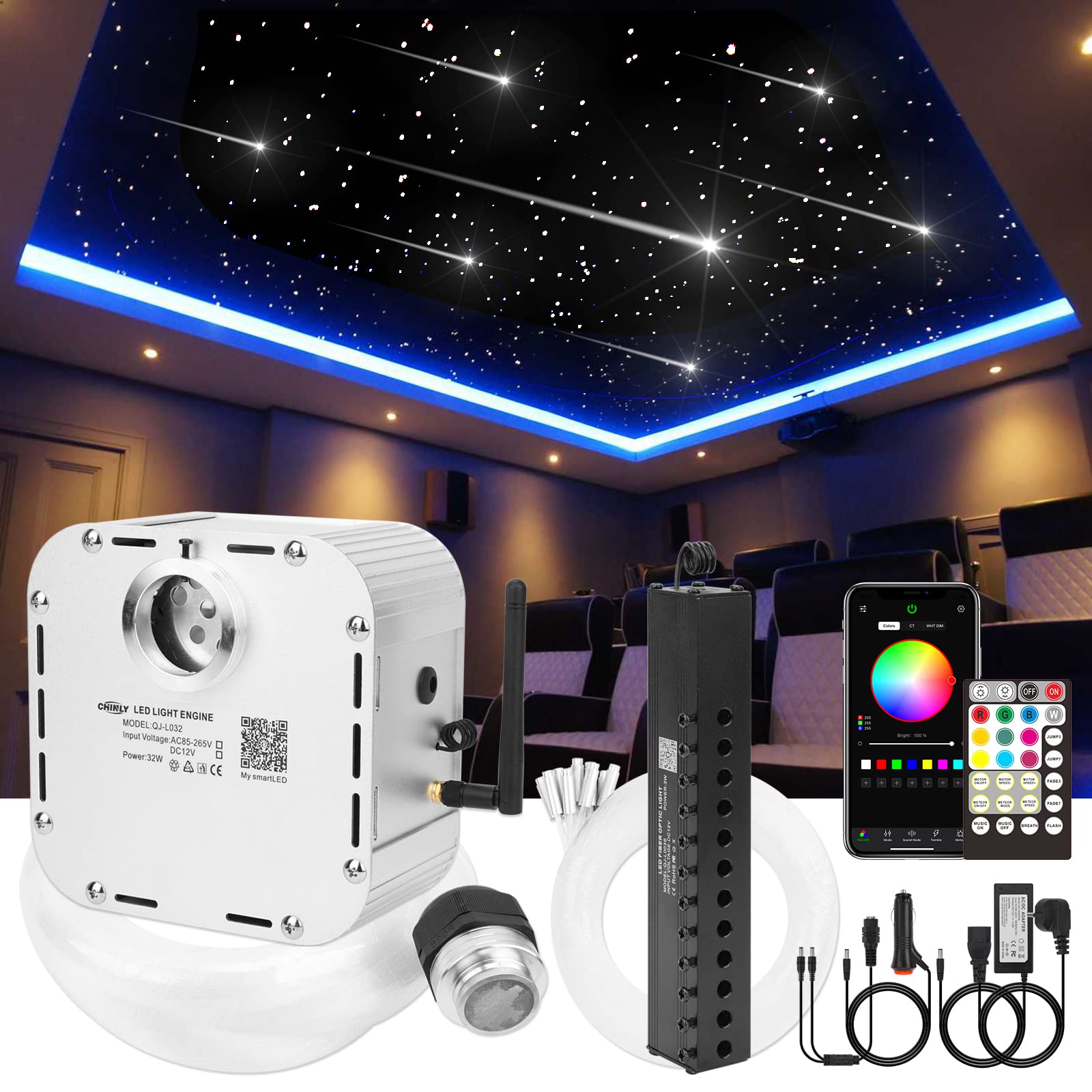 CHINLY 32W Meteor Twinkle 800pcs 13.1ft 0.03in Fiber Optic Star Ceiling Lights Kit with Shooting Stars, Bluetooth APP & Remote Control, RGBW LED Lights for Bedroom, Theater, Home Theater, Party Decor