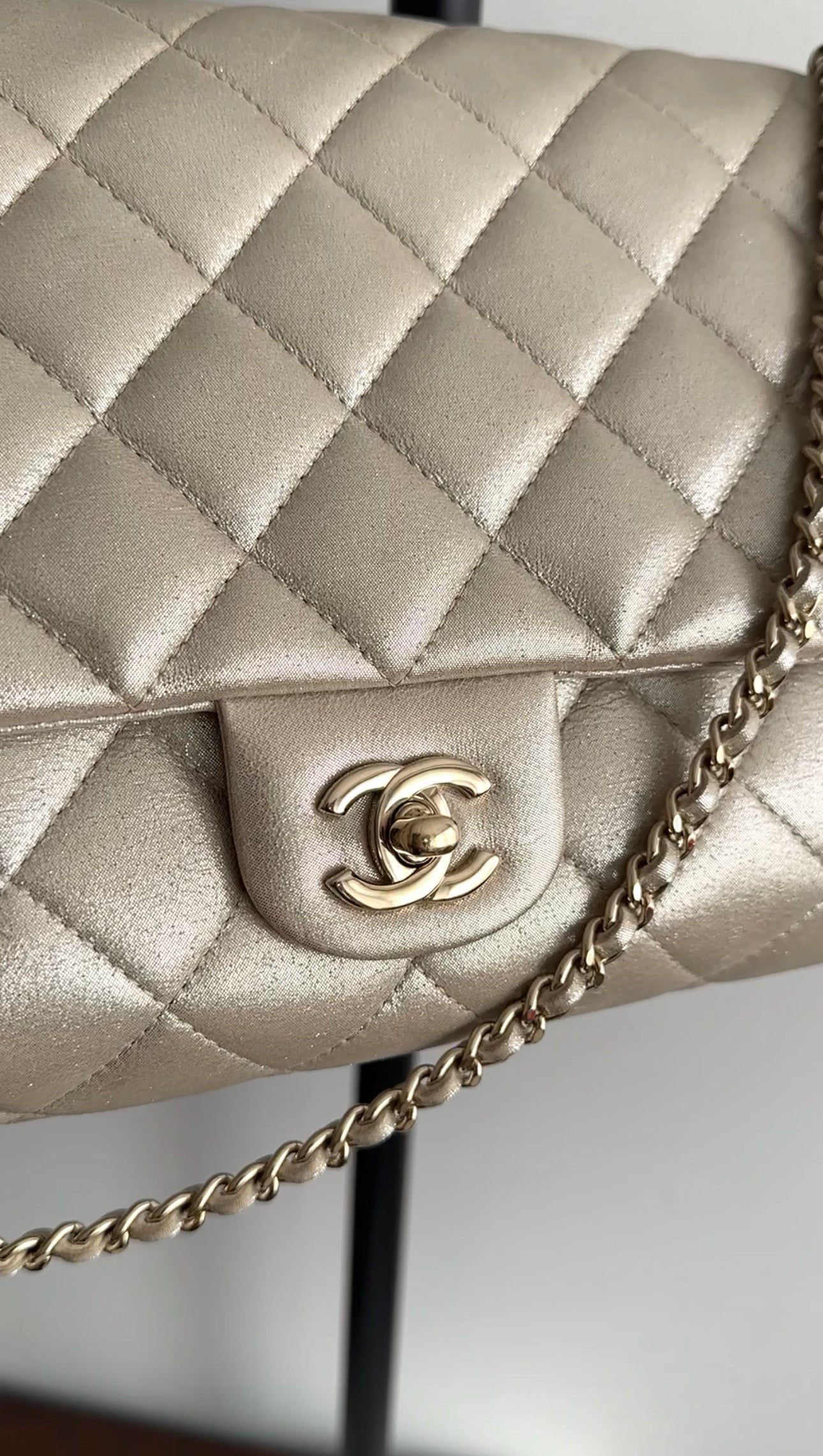 Chanel Timeless Classic Flap Bag in Light Champagne Gold with Chain Strap - Perfect for Evening Events, Weddings & Special Occasions