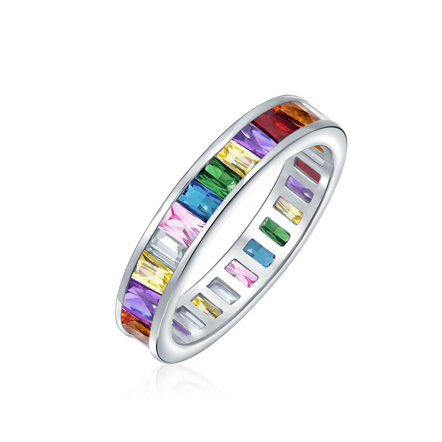 AAA Cubic Zirconia LGBTQ Rainbow Oval Cut Multicolor Sterling Silver Eternity Ring for Women - Anniversary Wedding Band, 5mm Stackable Rings for Pride Celebration & Everyday Wear