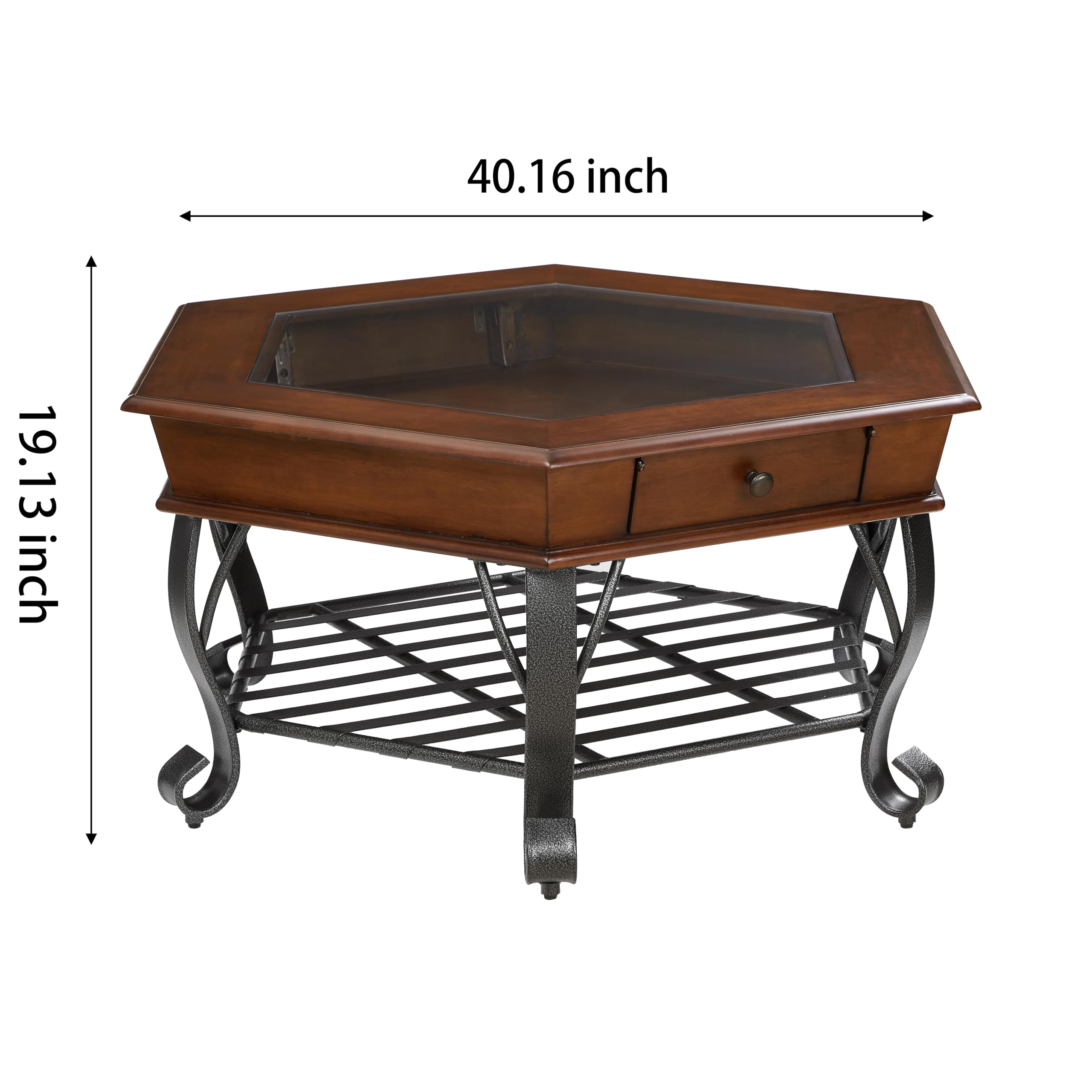 2 Tier Retro Hexagon Wood Coffee Table with Metal Leg & Glass Top - Farmhouse Style Storage Shelf & Drawer - Mid-Century Modern Living Room Furniture (40x40x19 inches) - Perfect for Small Spaces, Apartments & Cozy Home Decor