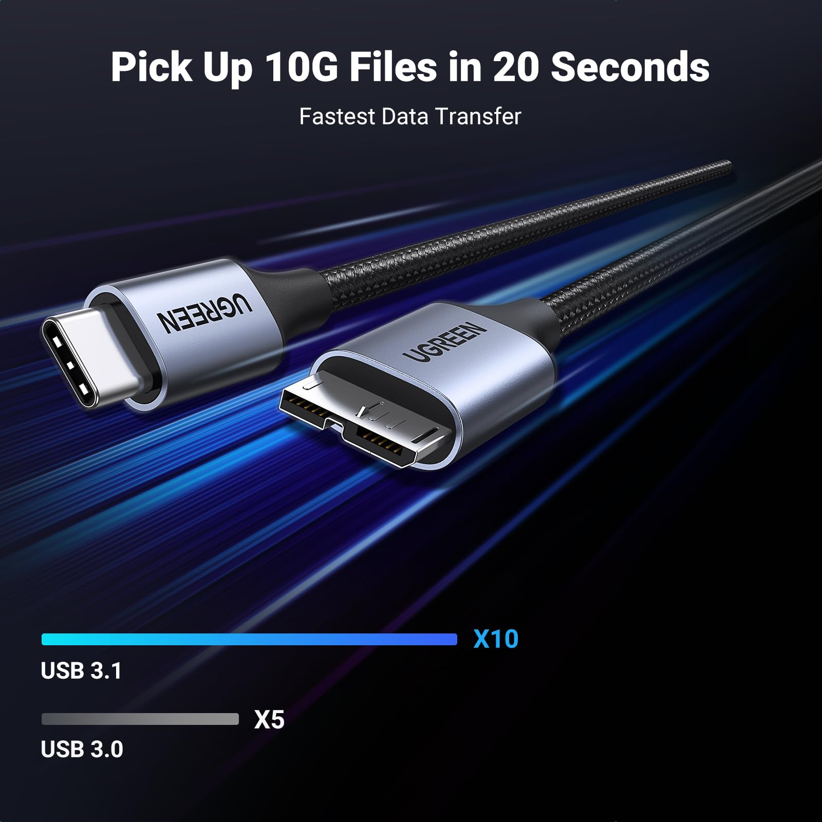 UGREEN 10Gbps USB C to Micro B Cable 10FT - High-Speed Data Transfer for External Hard Drives - Compatible with MacBook Pro/Air, iPad, Samsung Galaxy S24, WD, Seagate - Perfect for Backup, Storage & Media Transfer