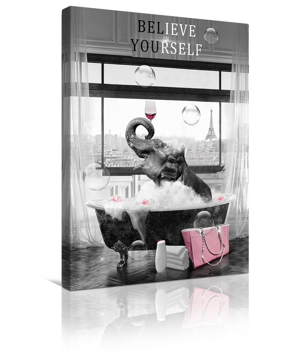 Funny Elephant Canvas Wall Art - Black & White Pink Painting of Elephant Bathing in Bathtub - Modern Framed Picture for Living Room, Kitchen & Bathroom Decor - 8x10 Inch Home Wall Decoration | Perfect for Nursery, Kids Room & Gift Giving