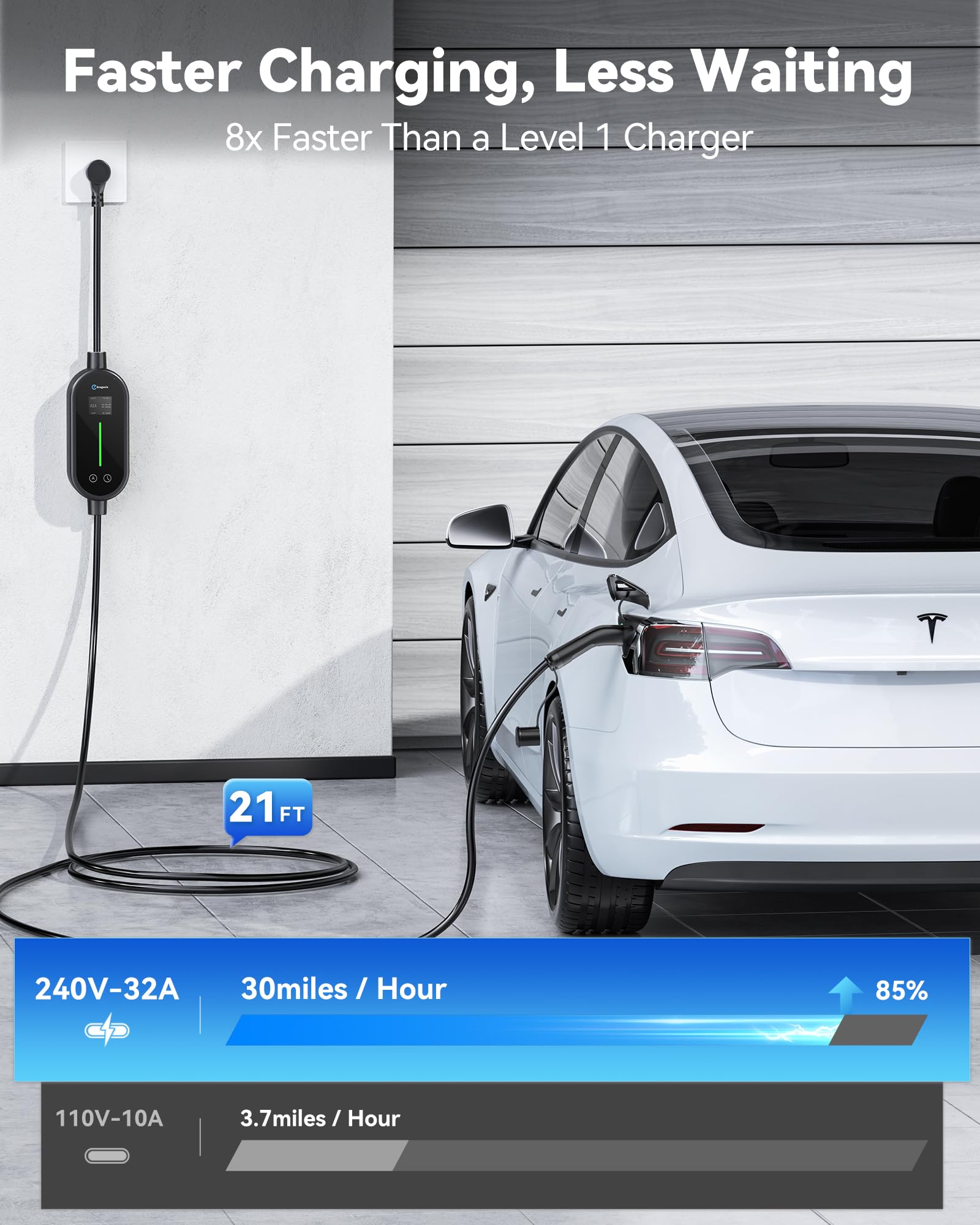 Tesla Level 2 EV Charger - 32Amp 240V Fast Home Charging Station with Wireless Control & Adjustable Current (NEMA 14-50P) - Compatible with Model 3/Y/S/X - Perfect for Garage, Driveway & Road Trip Charging Needs