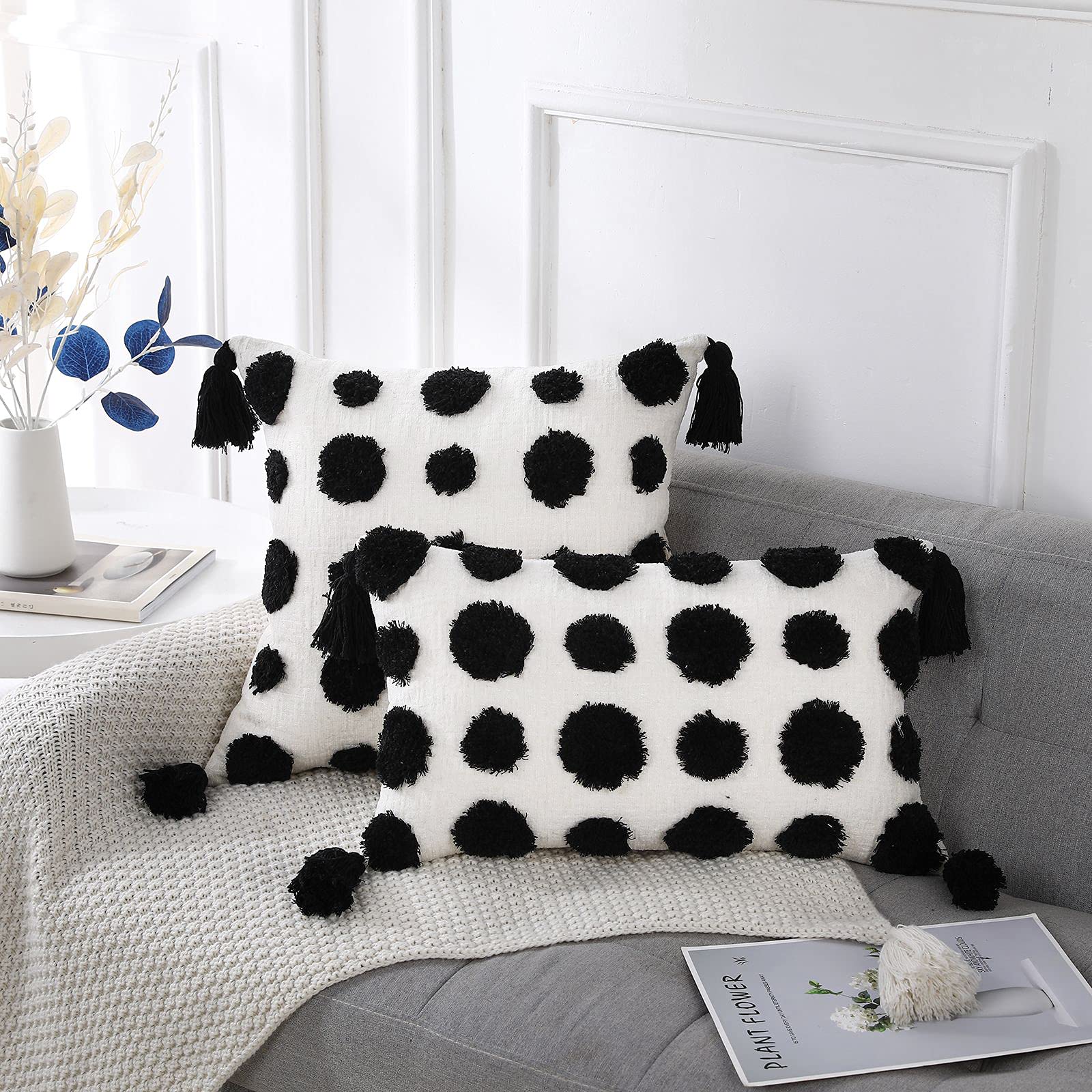 PANOD Super Soft Farmhouse Decorative Plush Throw Pillow Covers 24x24 Inches - Black Solid Pom Pom Tufted with Tassels, Modern Boho Square Cushion Cover for Couch, Sofa & Bed - Perfect for Living Room, Bedroom Decor & Cozy Home Accents