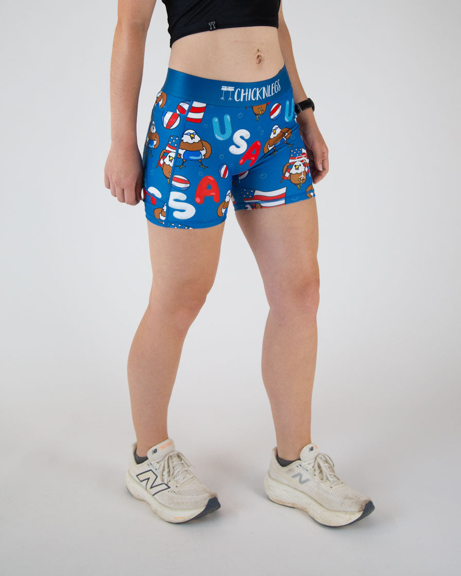 Women's High Waist Compression Shorts for Workout & Pool Party - USA Flag Design - Perfect for Gym, Running, Yoga & Beach Activities
