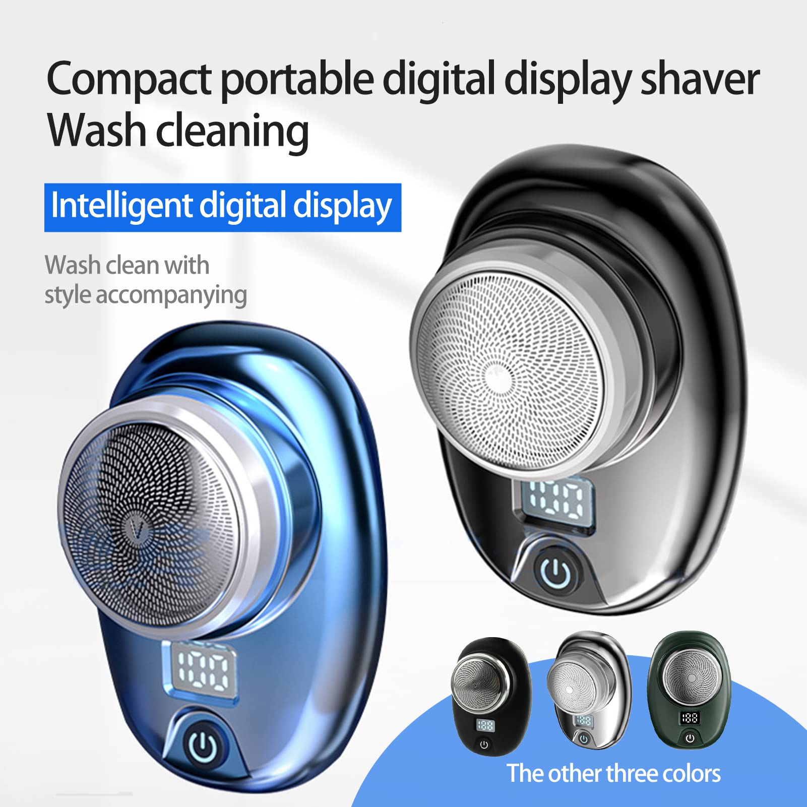 Portable Mini Electric Shaver for Men - Waterproof USB Rechargeable Rotary 3-Blade Shaver with LCD Display - Compact Travel & Gym Razor - Perfect for Business Trips, Camping & Daily Grooming (Blue)