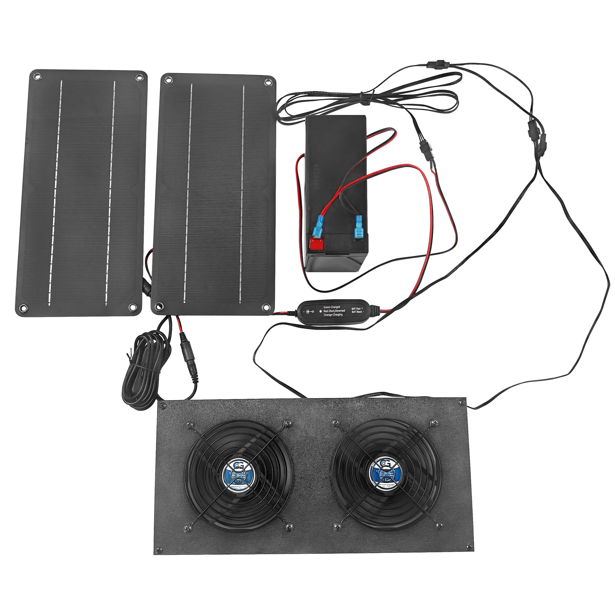 Solar Powered Dual 120mm (CG12025H12 IP67) Waterproof Fan Kit with Overcharge Protector - Outdoor Cooling Solution for RV, Greenhouse & Off-Grid Living