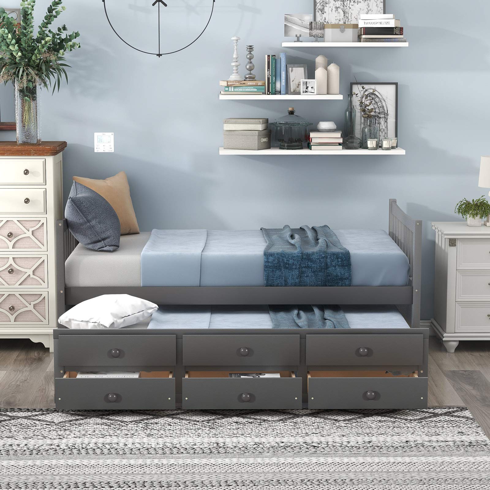 Rhomtree Twin Captains Bed with Trundle and Storage Drawers - Wooden Daybed Sofa Bed Frame for Bedroom, Guest Room, Living Room (Grey) | Space-Saving Multi-Functional Furniture for Small Apartments & Dorm Rooms