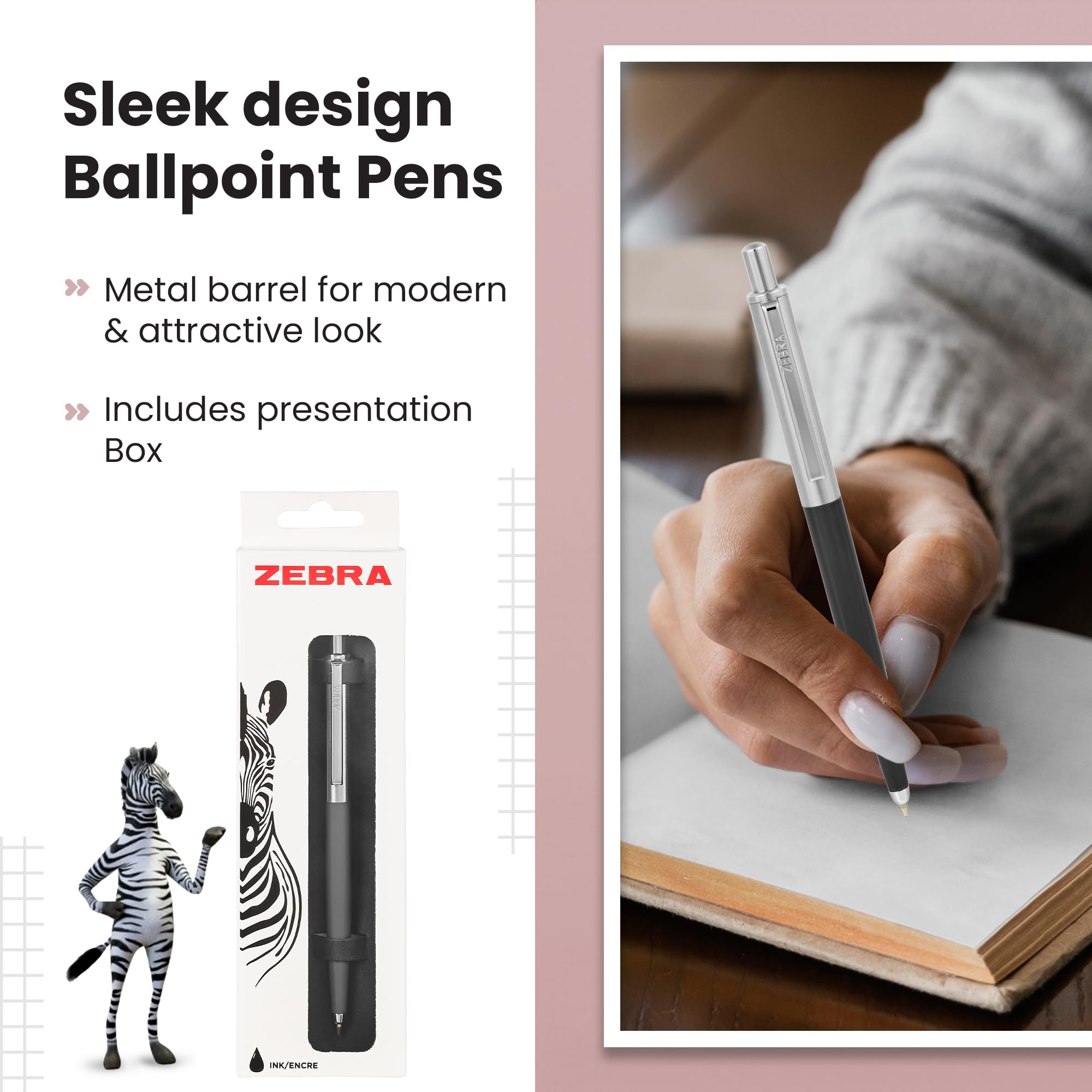 Zebra Pen 901 Black Ballpoint Pens - Retractable Fine Point Black Ink Pens with Premium Grey Barrel & Presentation Case | Smooth Writing for Office, School, Note Taking & Gift Giving (1 Pack)