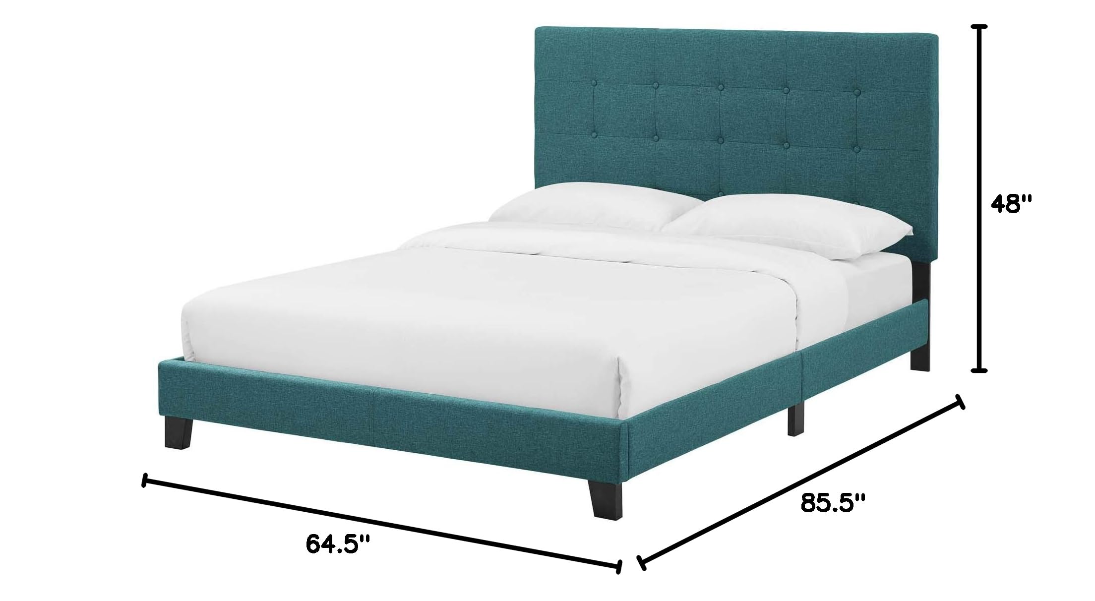 Modern Urban Queen Size Platform Bed Frame with Fabric Upholstery in Aqua Blue - Stylish Bedroom Furniture for Contemporary Homes, Apartments & Guest Rooms
